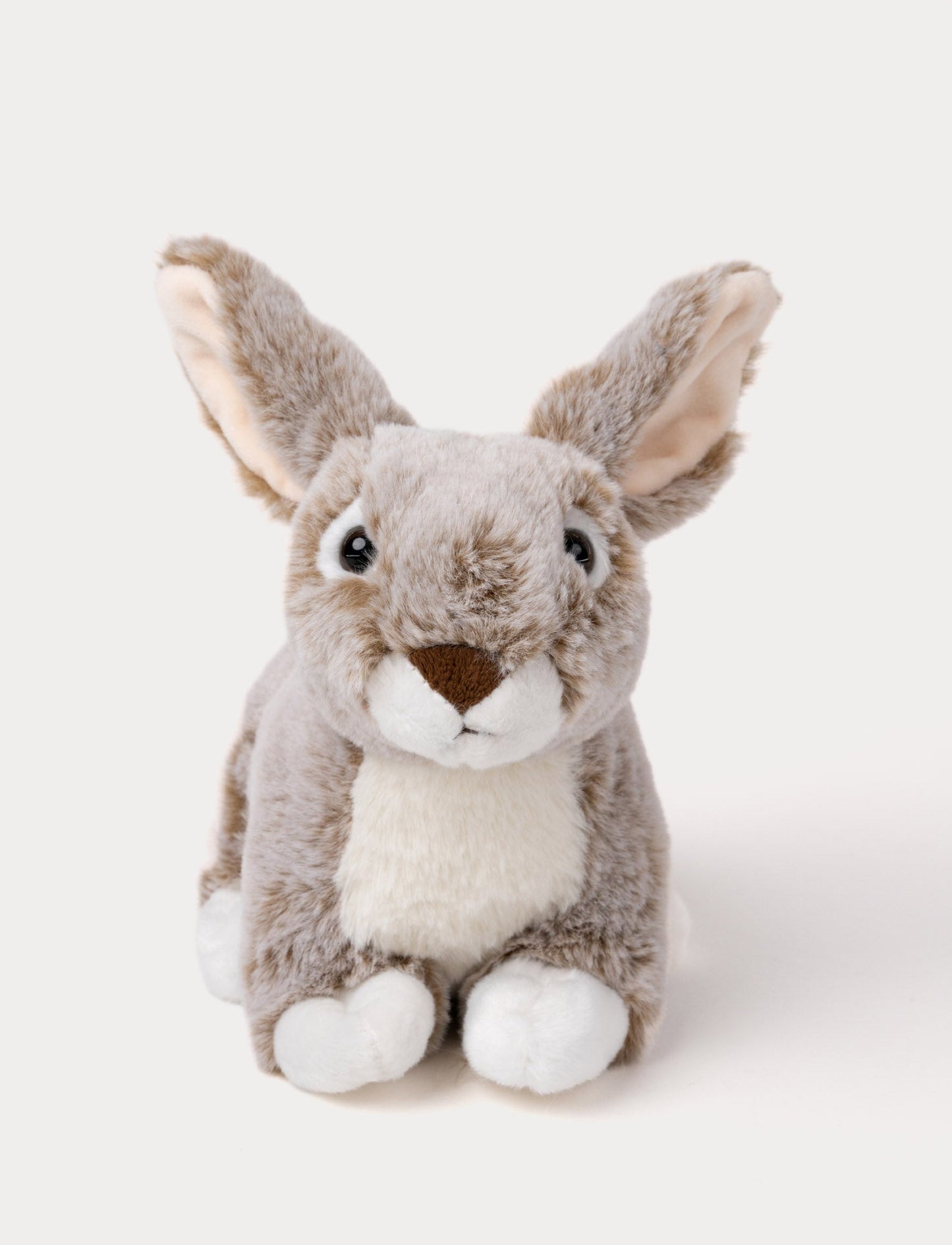 Realistic plush hare with soft grey and white fur, large upright ears, black bead eyes, and a brown nose.