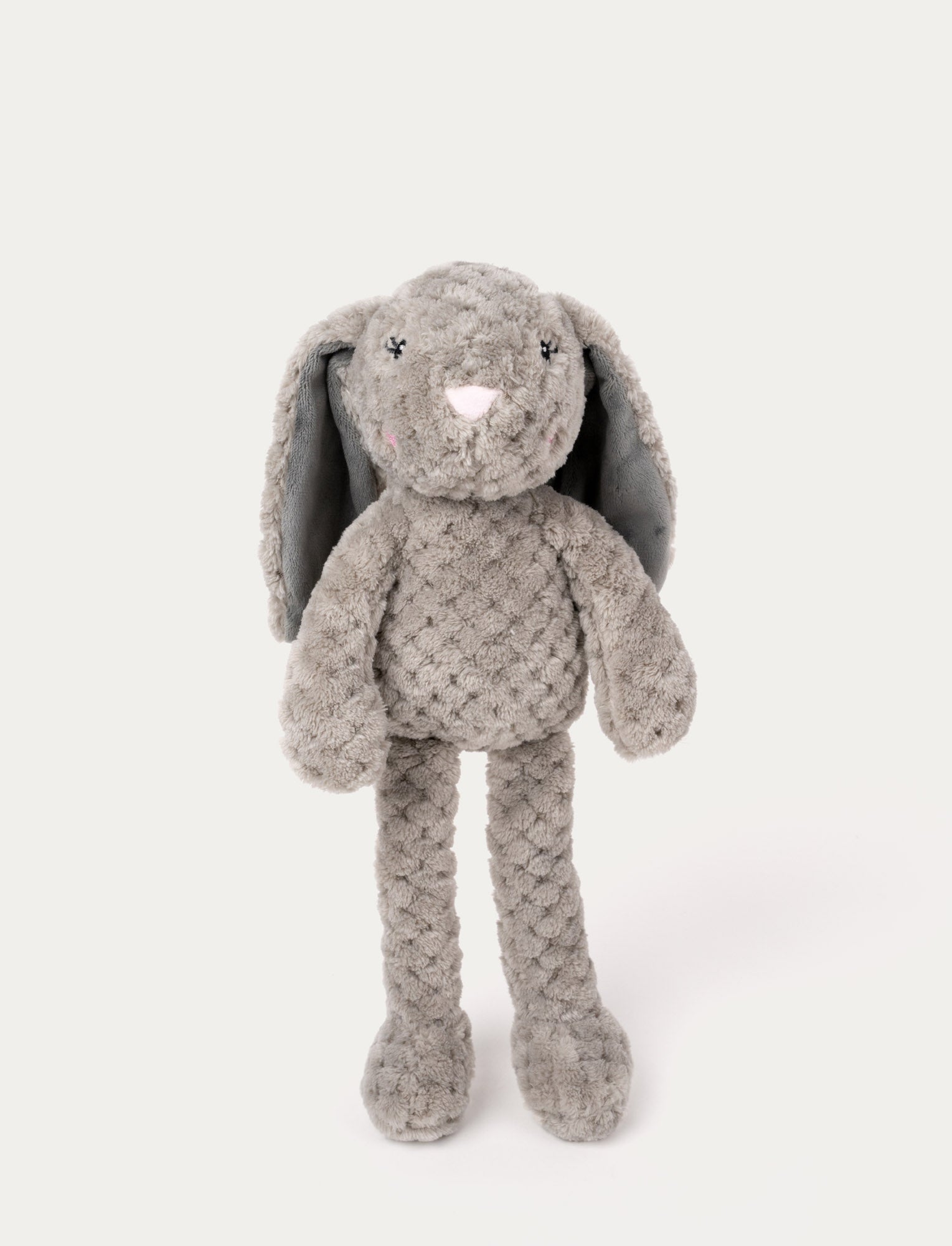  Image of Soft plush bunny with textured grey fur, long floppy ears, embroidered eyes, and a stitched nose.