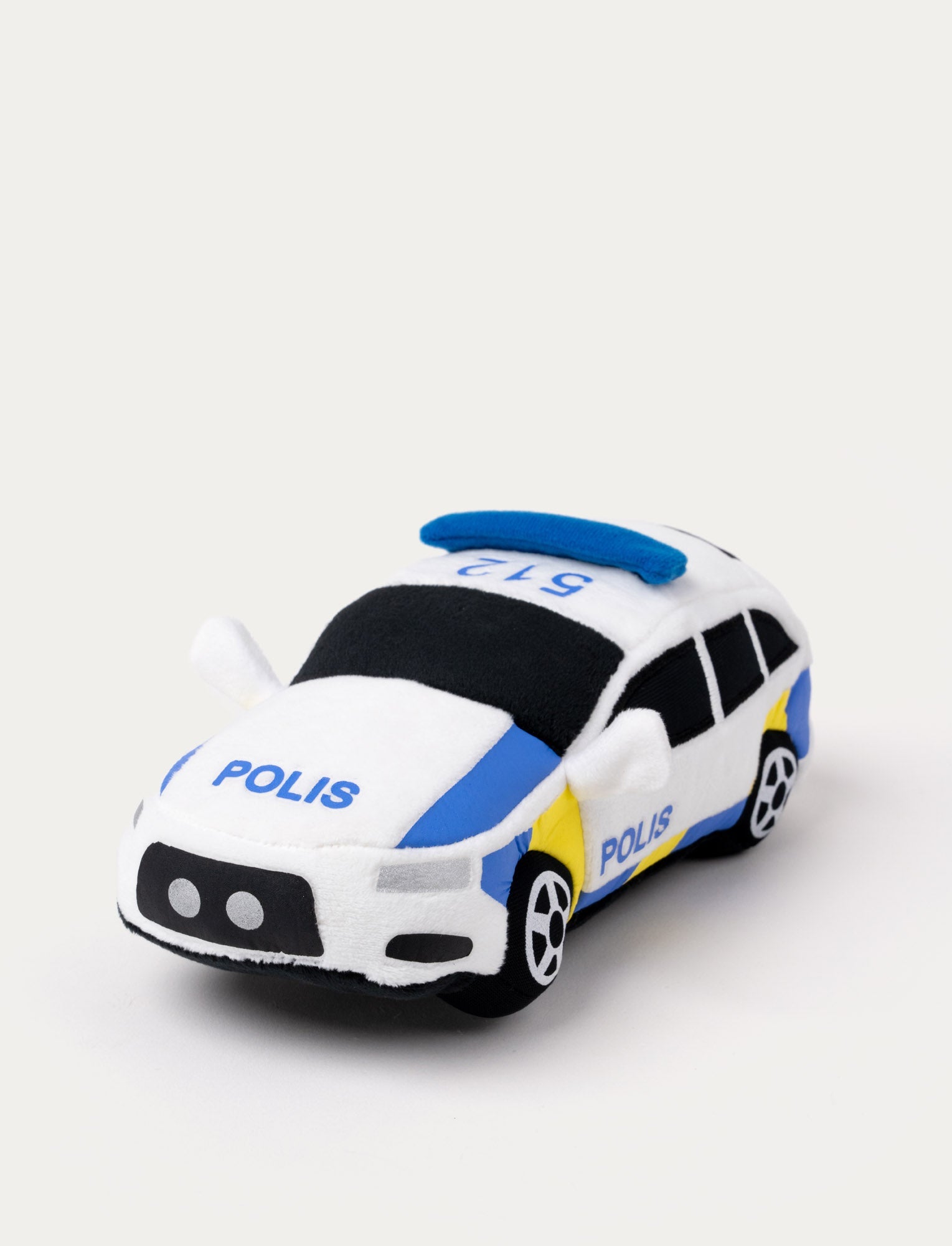  Image of A plush police car with soft fabric, detailed design, and a playful appearance.
