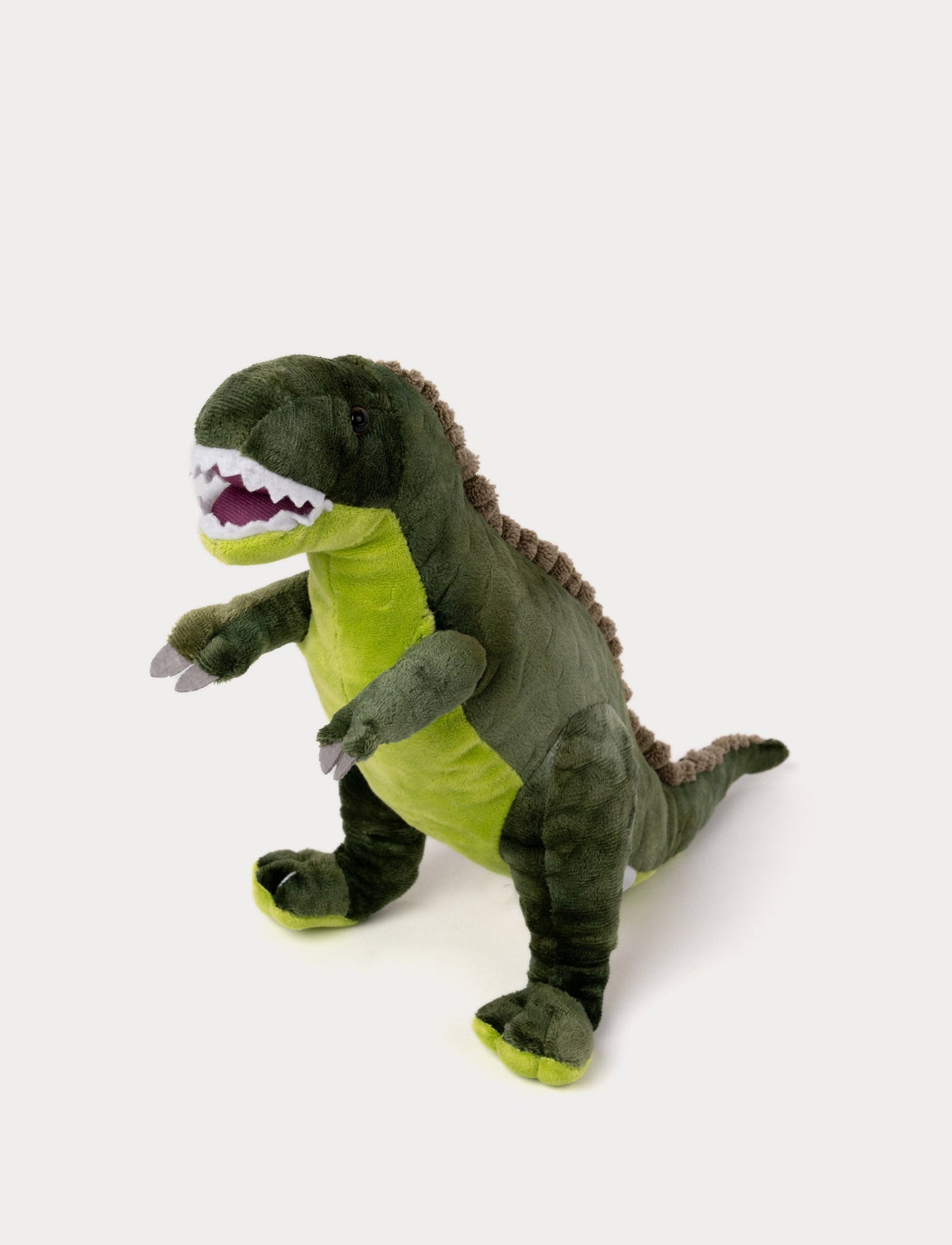 Soft plush T-Rex with dark and light green fur, black bead eyes, a row of soft spikes, and an open mouth with white teeth.
