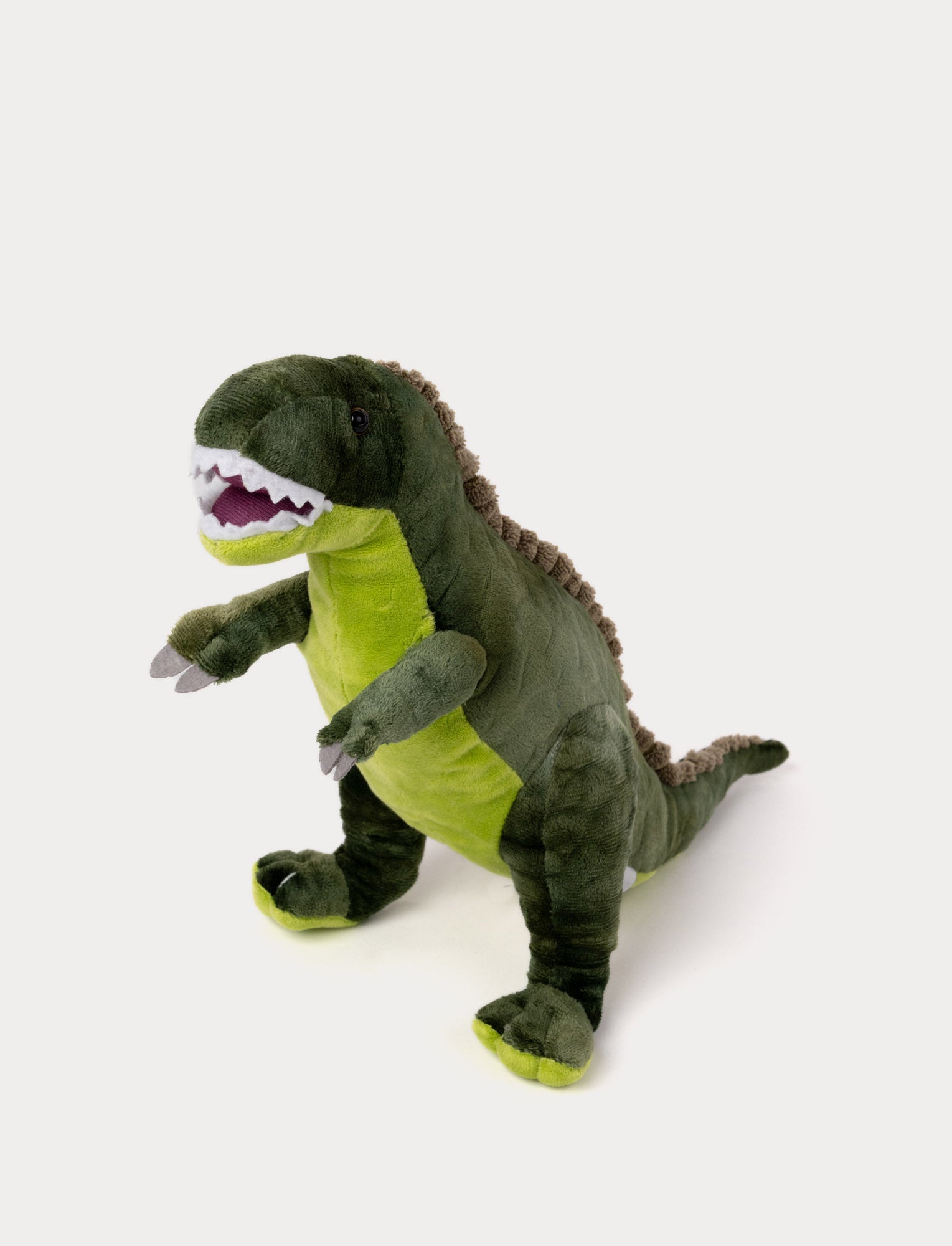  Image of Soft plush T-Rex with dark and light green fur, black bead eyes, a row of soft spikes, and an open mouth with white teeth.