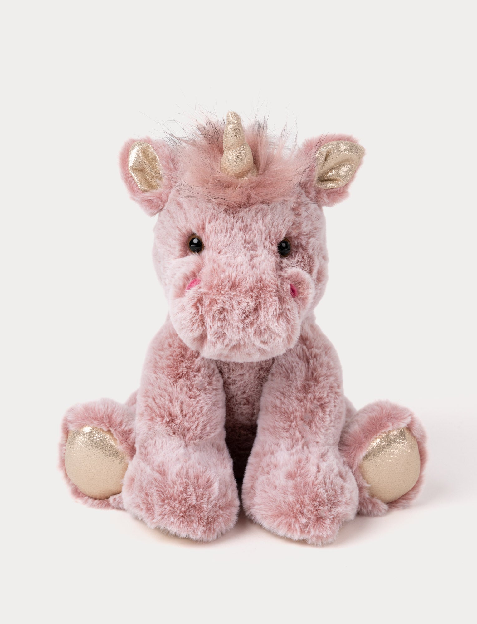  Image of Soft plush unicorn with dusty pink fur, a golden horn, glittery ears and hooves, and a fluffy mane.