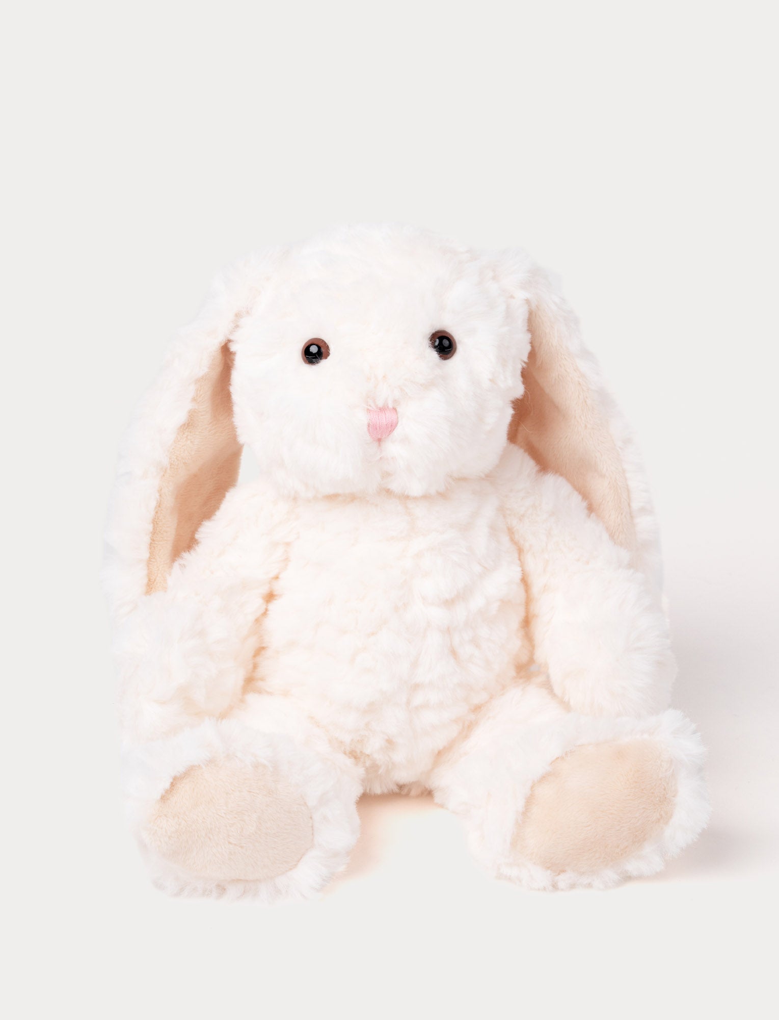  Image of Soft plush bunny with fluffy white fur, floppy ears, black bead eyes, and a pink stitched nose.