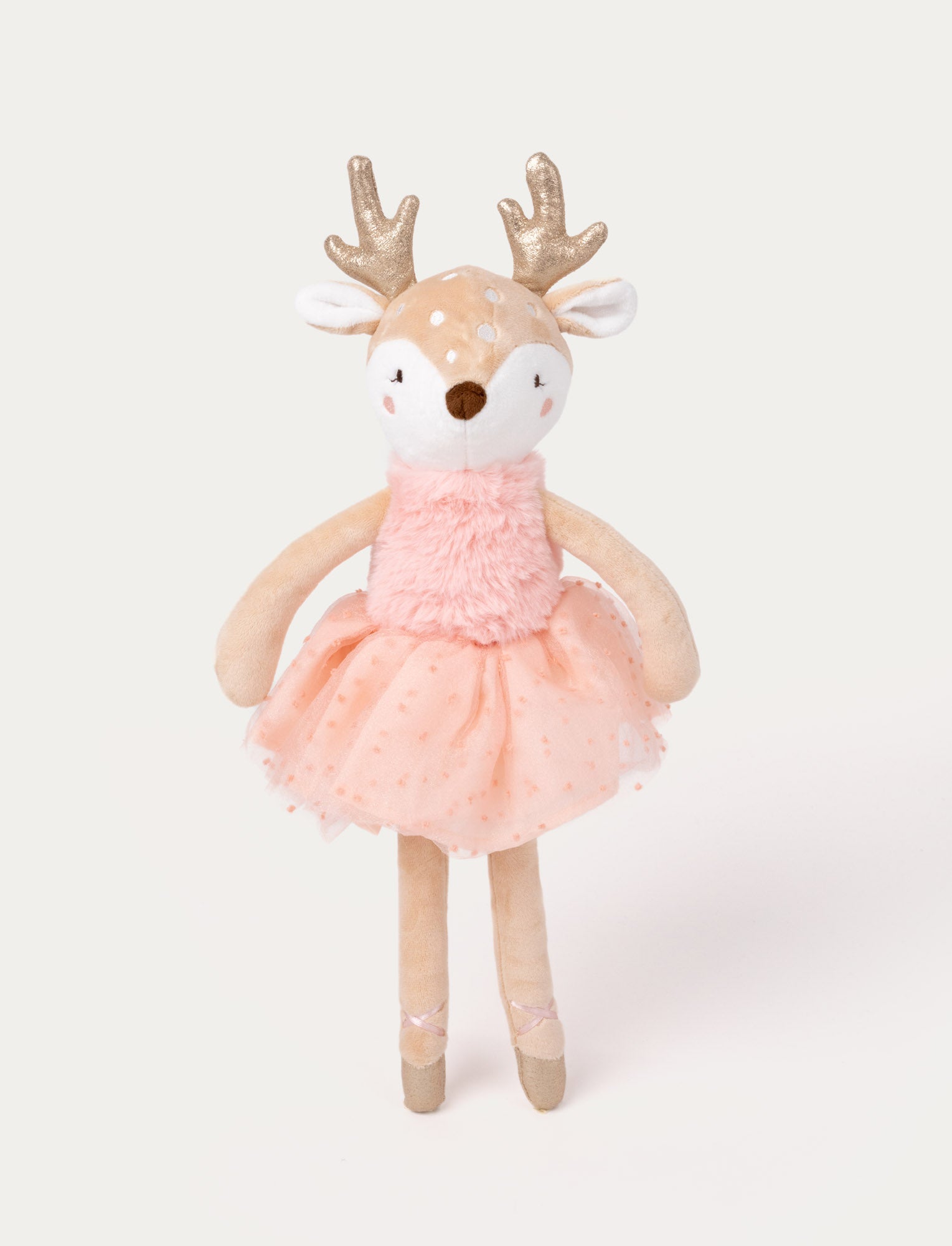  Image of Plush ballerina deer with golden antlers, a pink fluffy top, a dotted tulle skirt, and ballet slippers.