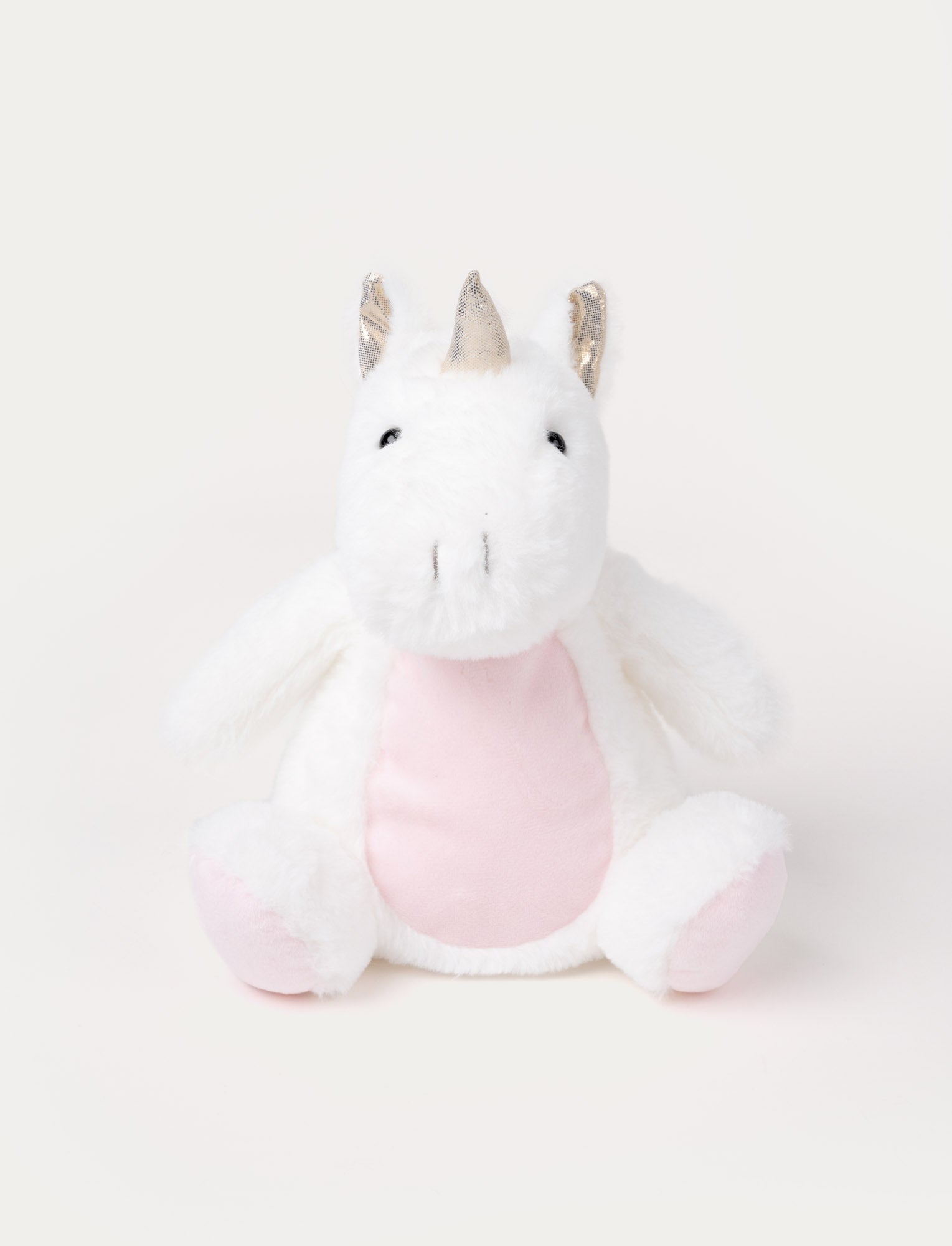  Image of A unicorn with white plush fur, pink details, and the ability to glow in the dark.