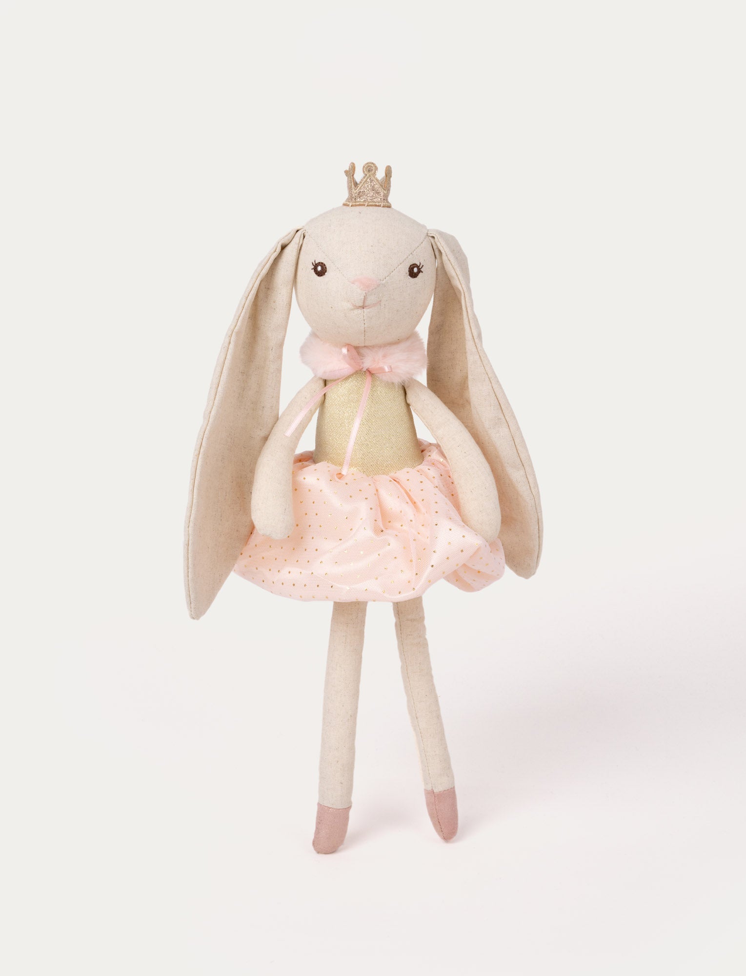  Image of bunny ballerina doll wearing a gold crown, pink tutu, and ballet shoes with long floppy ears.