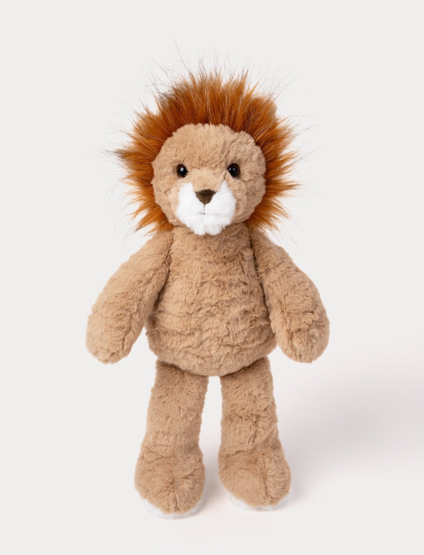 Soft plush lion with a fluffy brown mane, a light brown body, and a white muzzle.