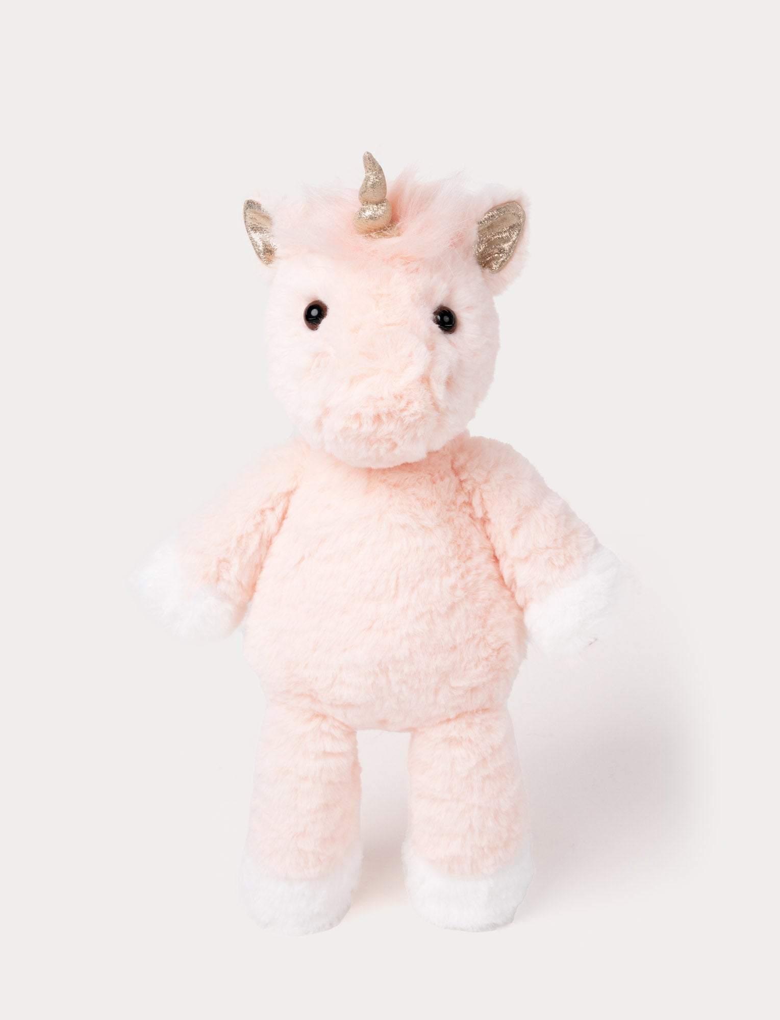  Image of Soft pink plush unicorn with white hooves, a golden horn, glittery ears, and a fluffy mane.
