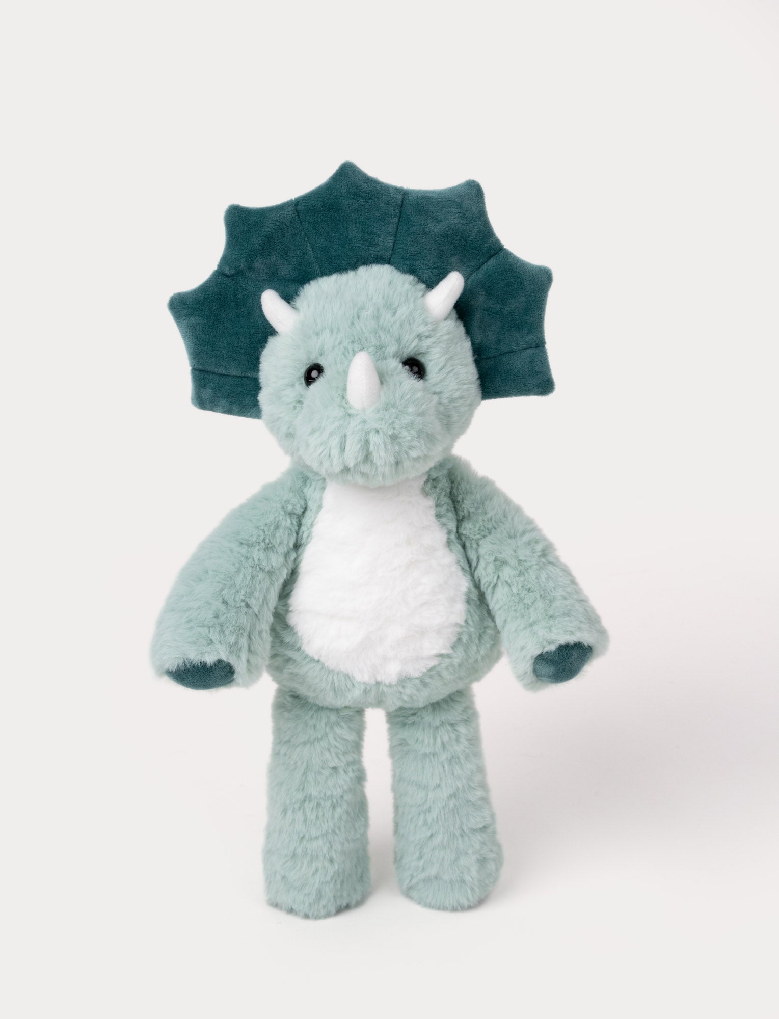 Image of Soft plush triceratops with light green fur, a white belly, dark green frill, and three small white horns.