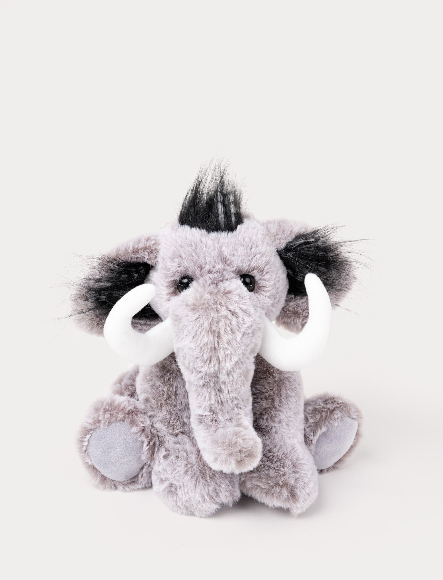  Image of A mammoth with soft gray-mottled fur, long tusks, and a playful hairstyle.
