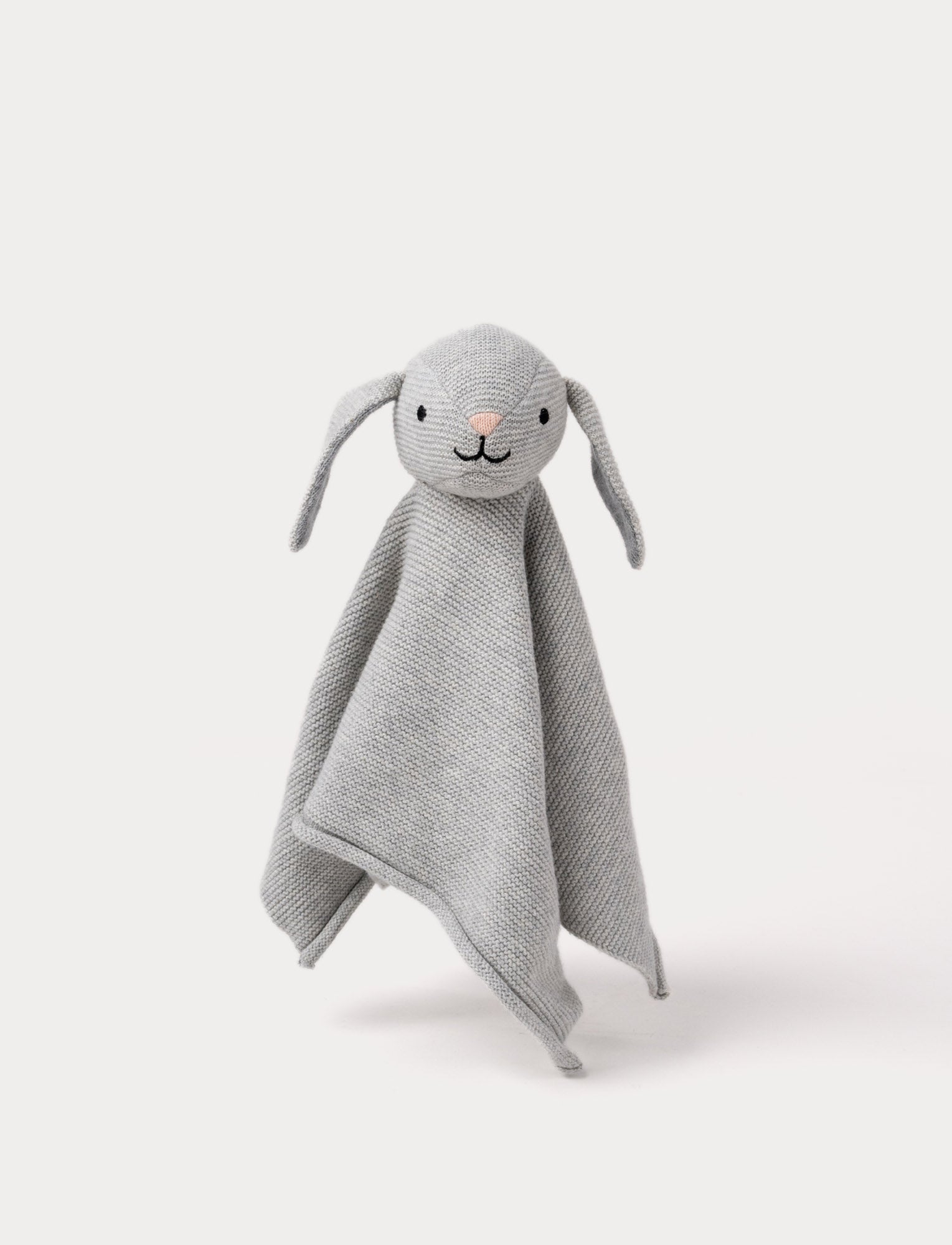  Image of A knitted grey bunny comforter with floppy ears, a stitched face, and a soft textured fabric.