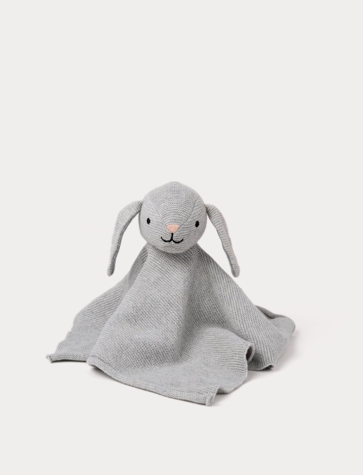  Image of A knitted grey bunny comforter with floppy ears, a stitched face, and a soft textured fabric.