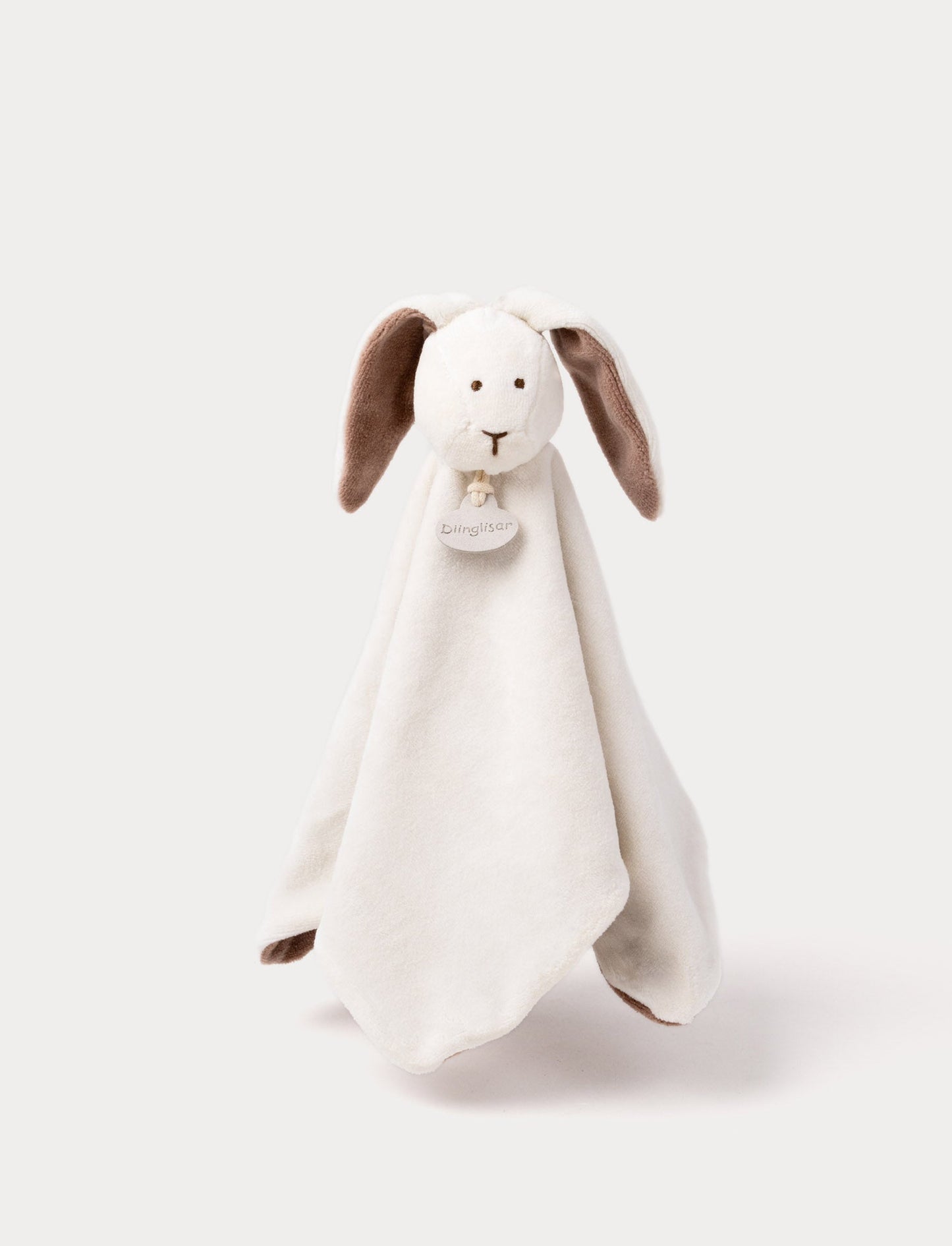 A soft bunny baby blanket with white, and brown details and long floppy ears. 