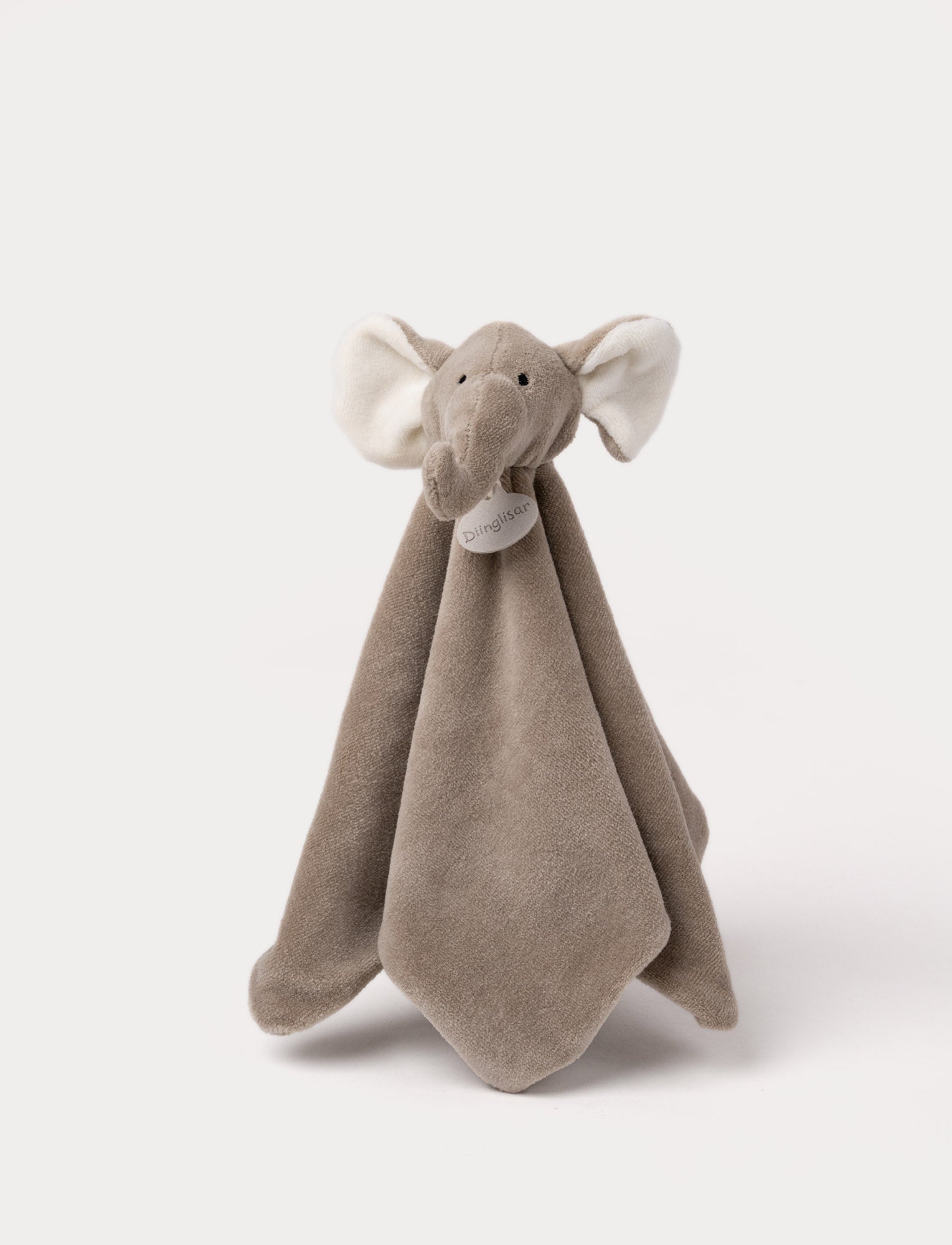  Image of Soft grey elephant comfort blanket with large ears and a small tag reading "Diinglisar."