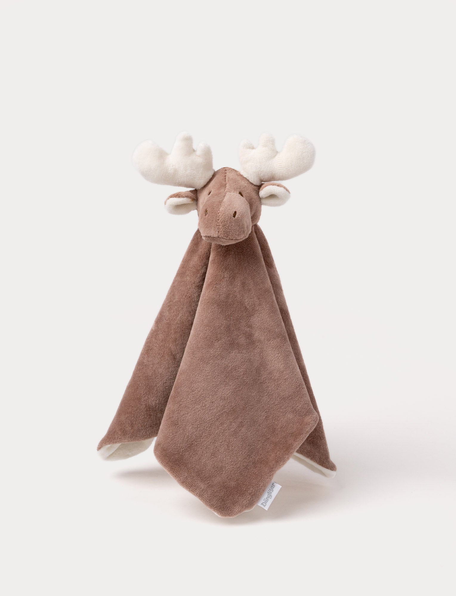  Image of A soft brown moose baby blanket with white antlers, a stitched face and white and brown details.