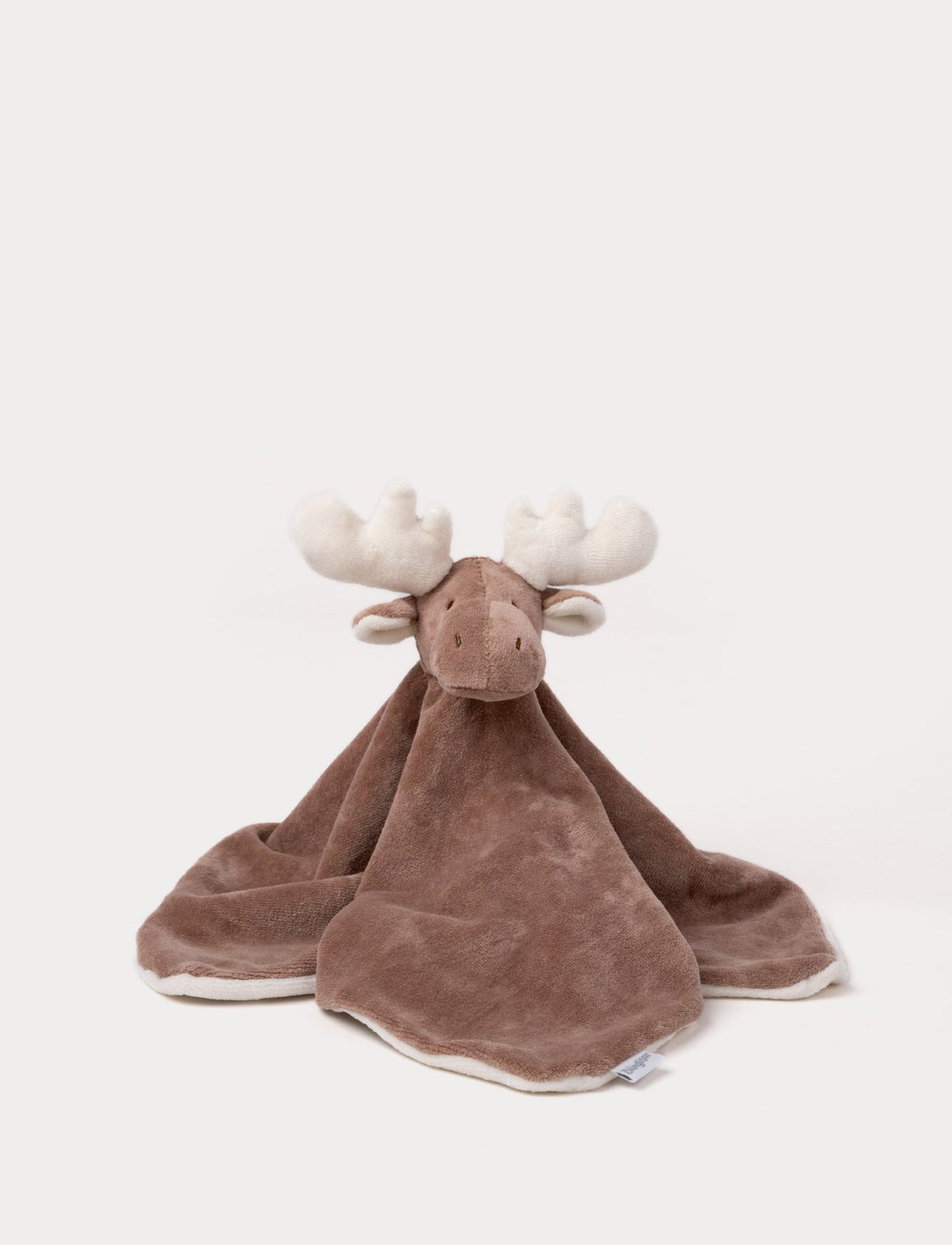A soft brown moose baby blanket with white antlers, a stitched face and white and brown details.