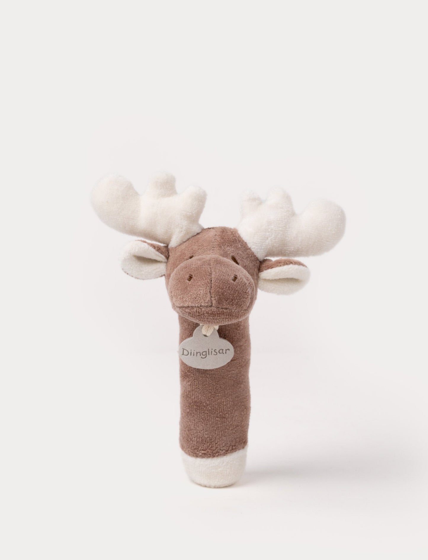 A plush moose rattle with a soft brown body, white antlers, and a stitched face