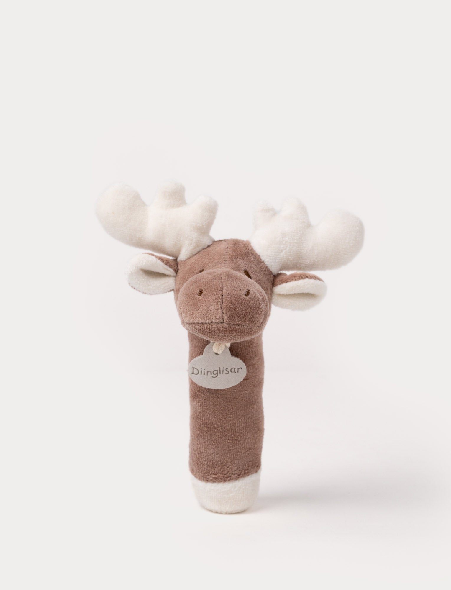  Image of A plush moose rattle with a soft brown body, white antlers, and a stitched face