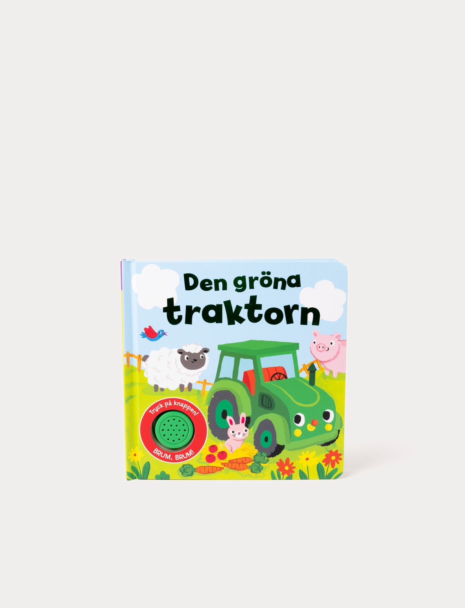  Image of Colorful book with a green tractor illustration, featuring interactive button for sound effects and farm life scenes.