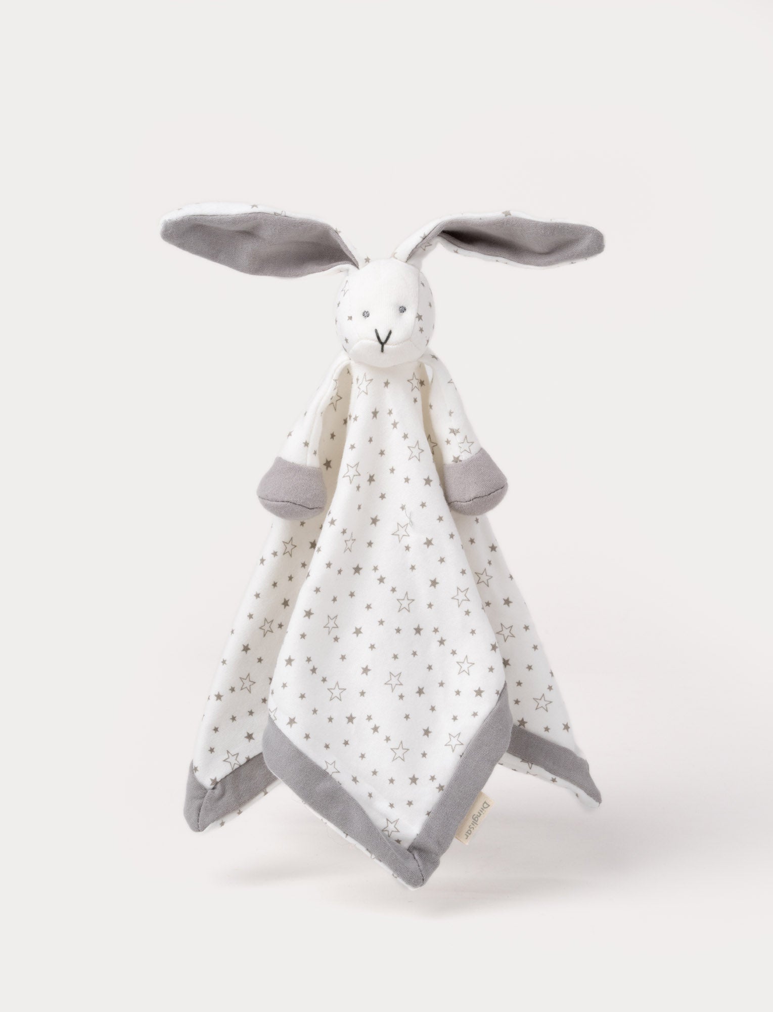  Image of Soft baby blanket with a plush bunny head, long gray ears, and a white star-patterned fabric.