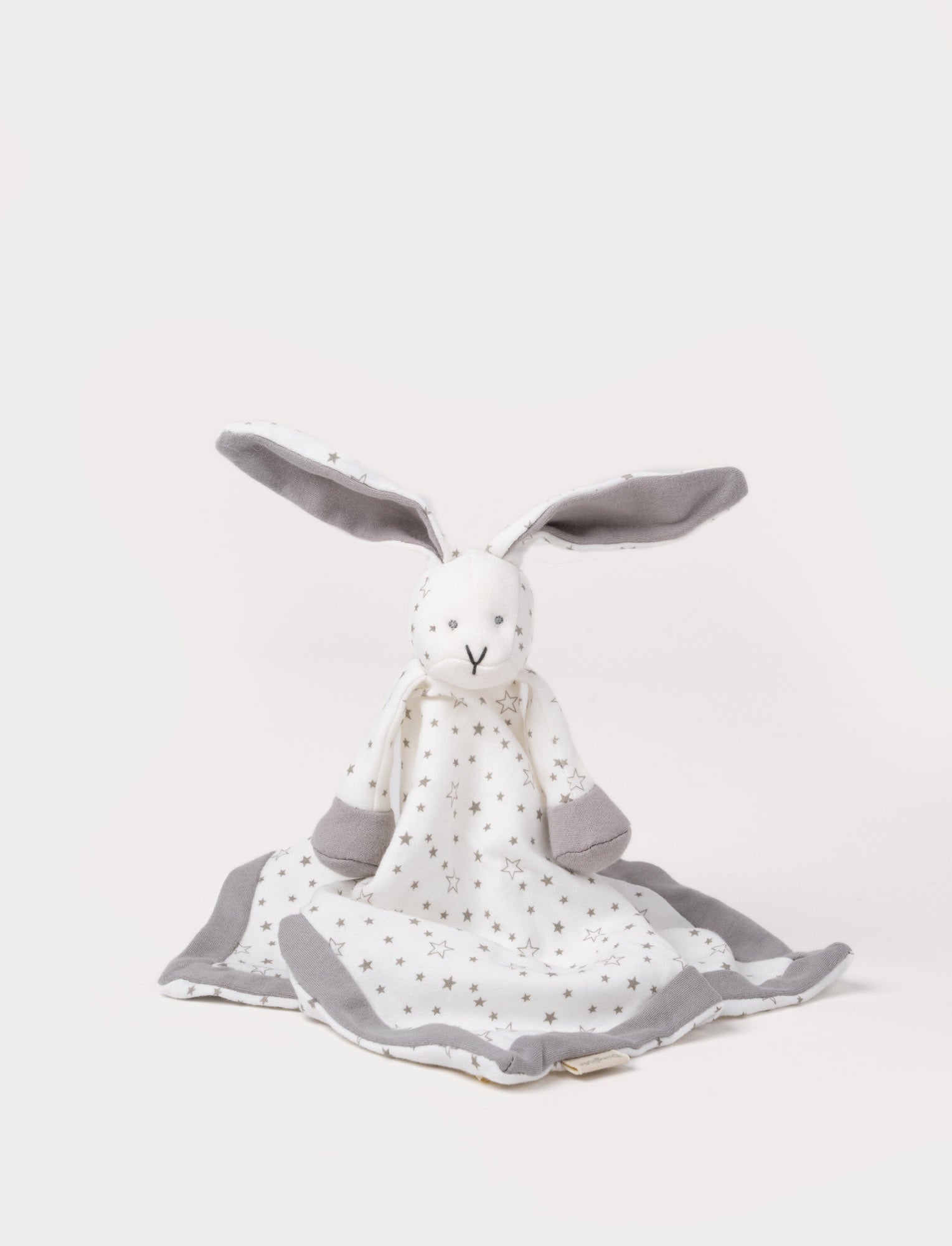  Image of Soft baby blanket with a plush bunny head, long gray ears, and a white star-patterned fabric.