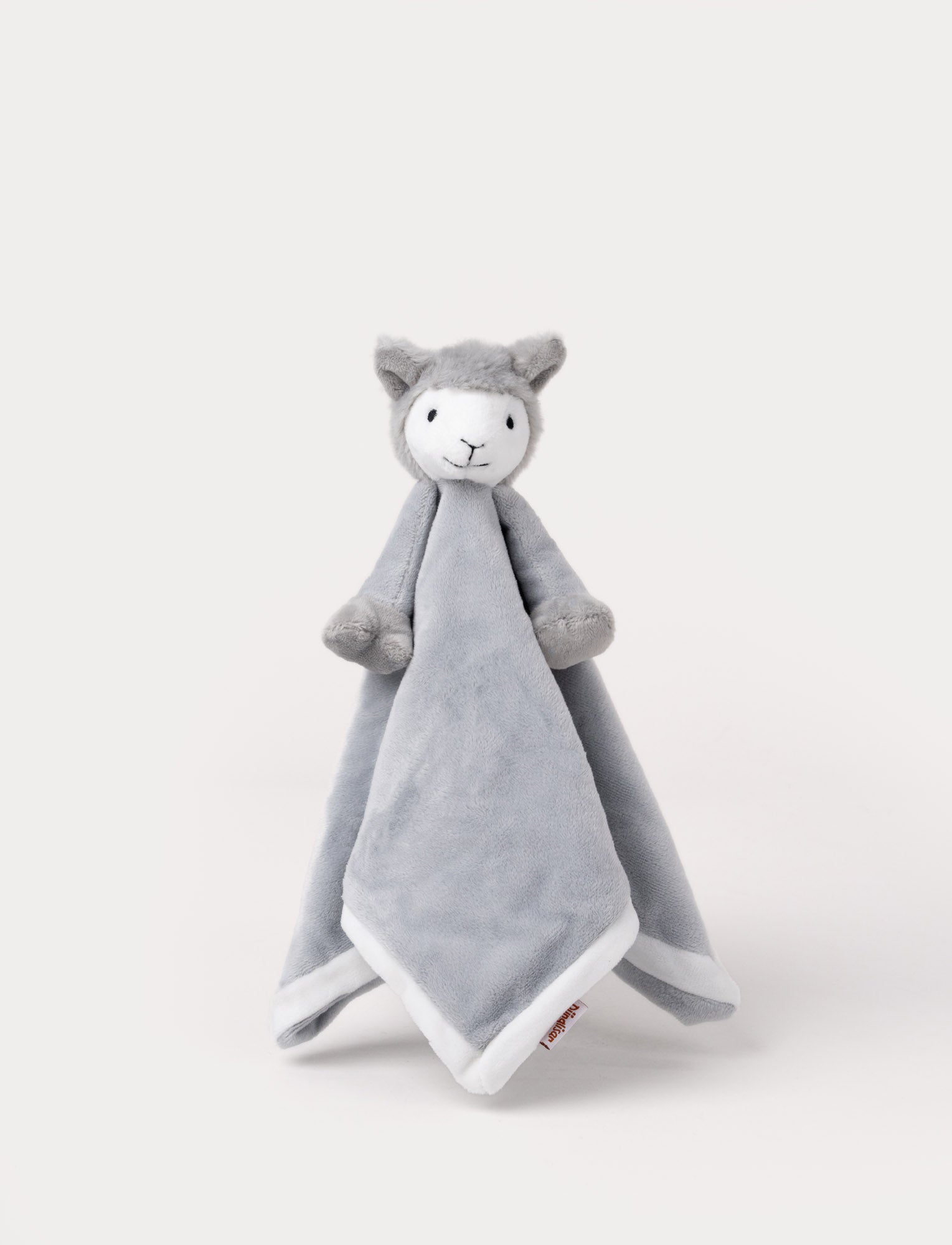  Image of Soft baby blanket with a plush gray llama head, white face, and white-trimmed edges.