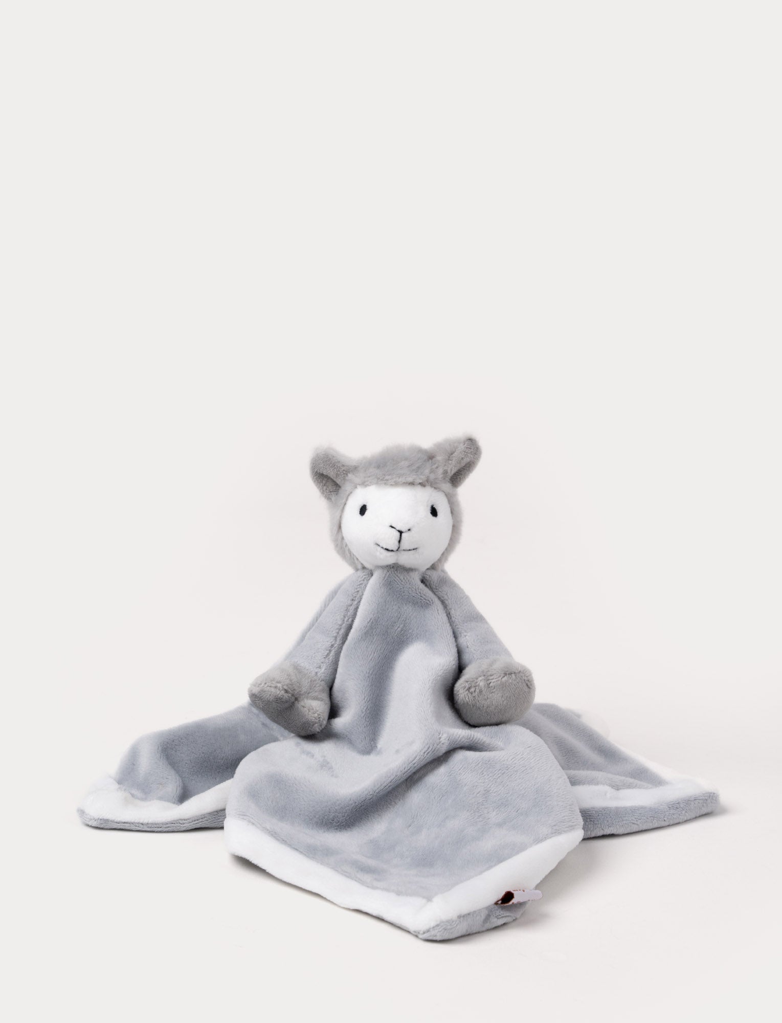  Image of Soft baby blanket with a plush gray llama head, white face, and white-trimmed edges.
