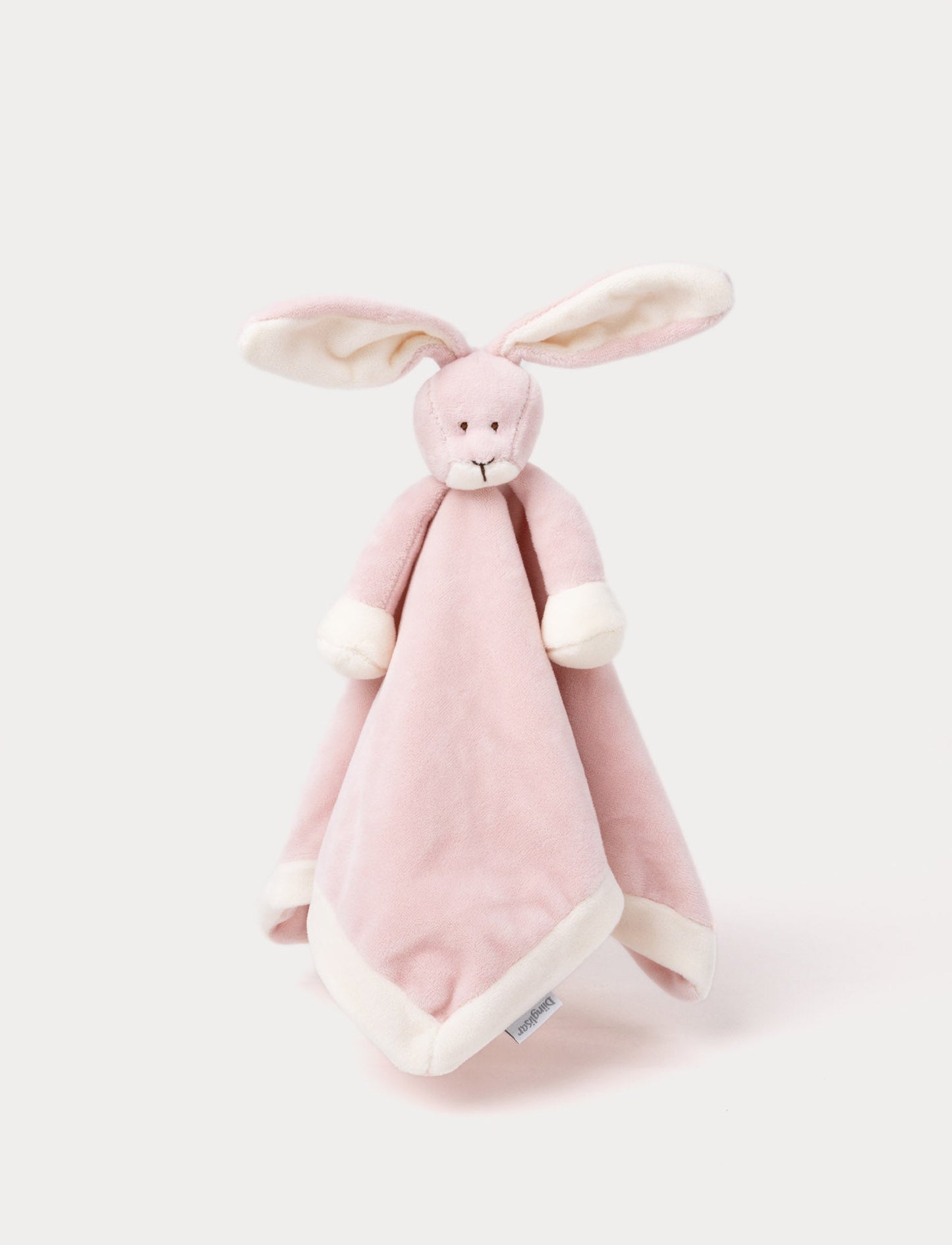 Soft baby blanket with a plush pink bunny head, long floppy ears, and white-trimmed edges.