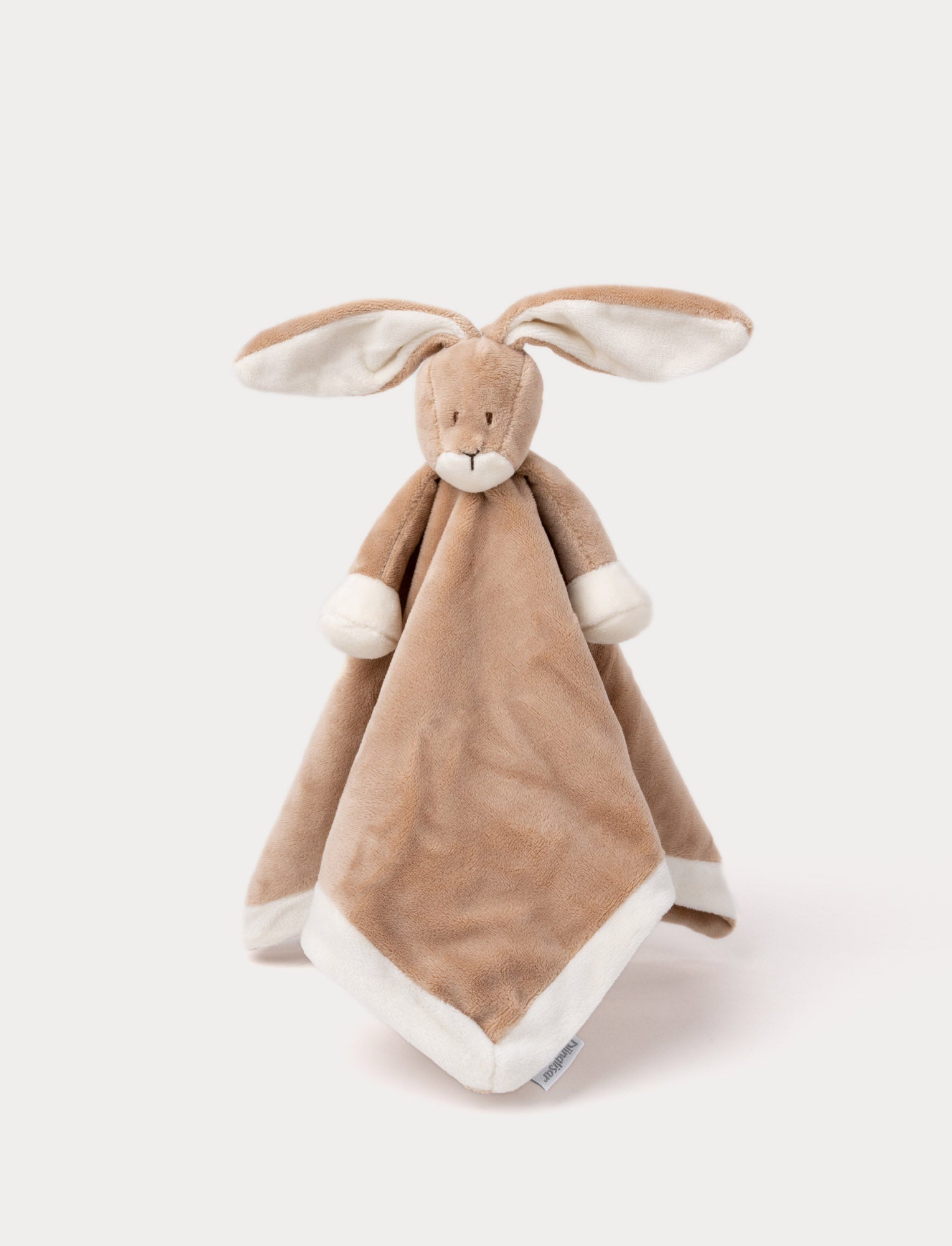  Image of Soft baby blanket with a plush brown bunny head, long floppy ears, and white-trimmed edges.