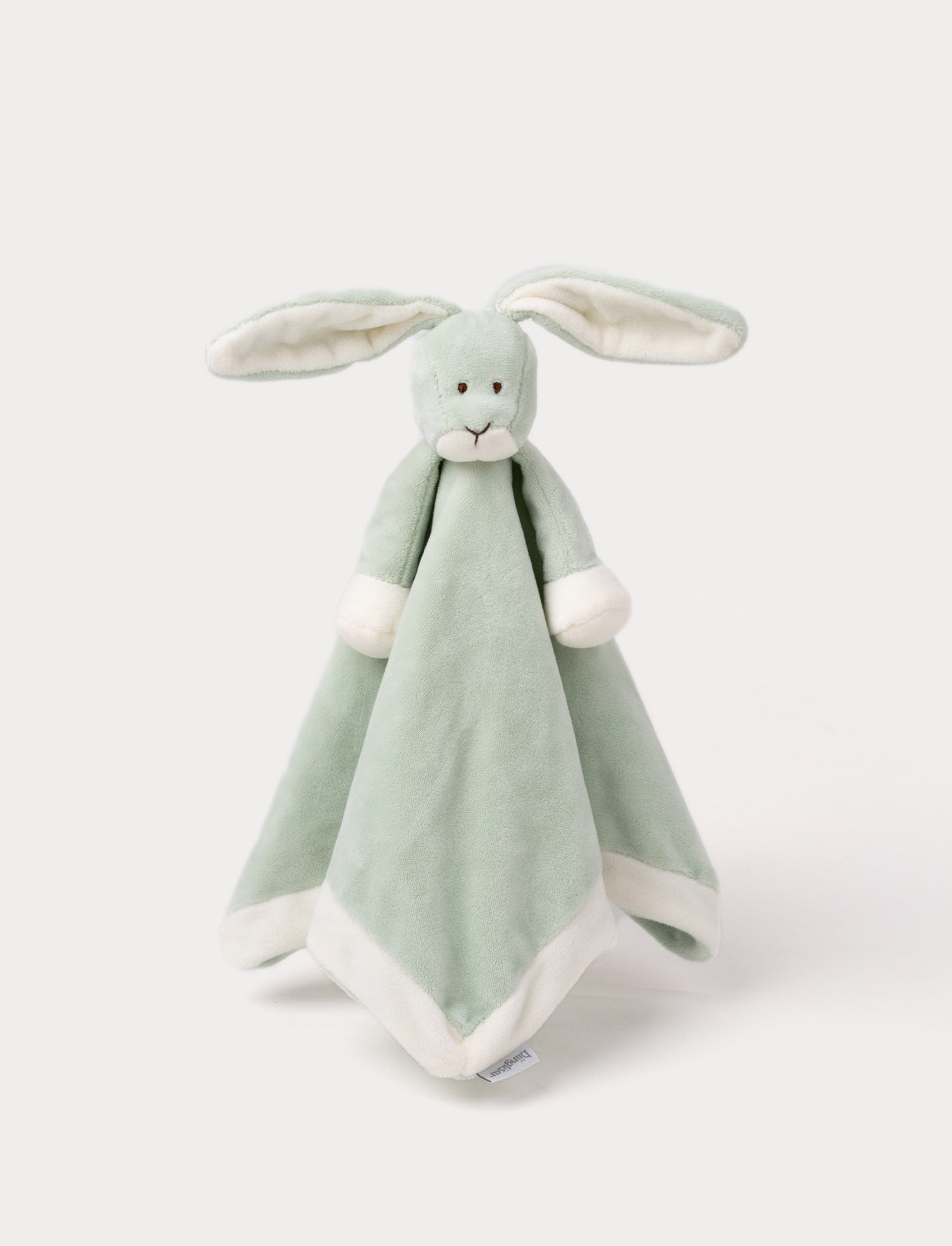  Image of Soft baby blanket with a plush green bunny head, long floppy ears, and white-trimmed edges.