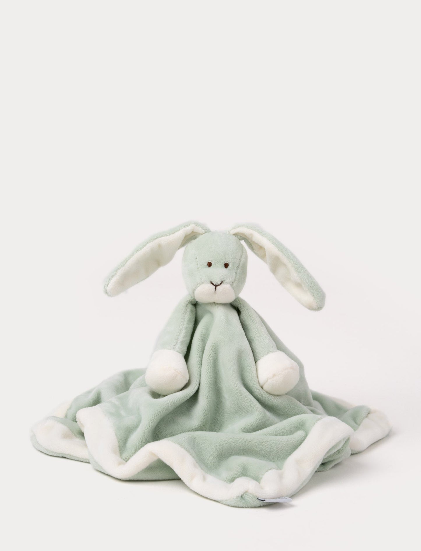Soft baby blanket with a plush green bunny head, long floppy ears, and white-trimmed edges.