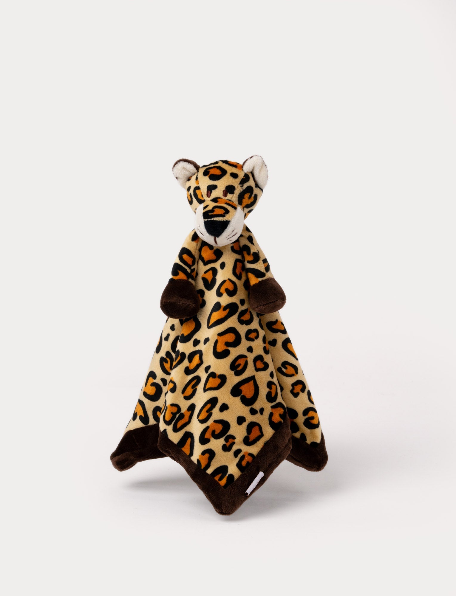  Image of Soft baby blanket with a plush leopard head, spotted pattern, and dark brown trim.