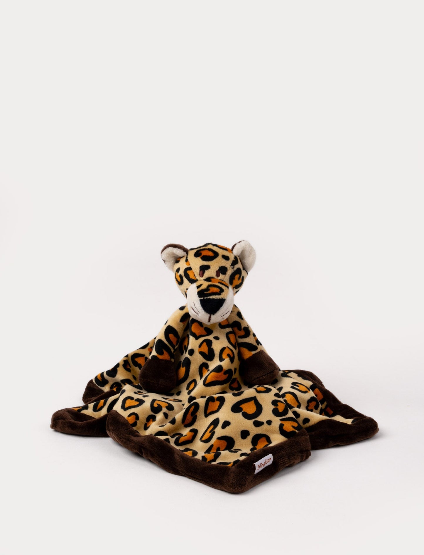Soft baby blanket with a plush leopard head, spotted pattern, and dark brown trim.
