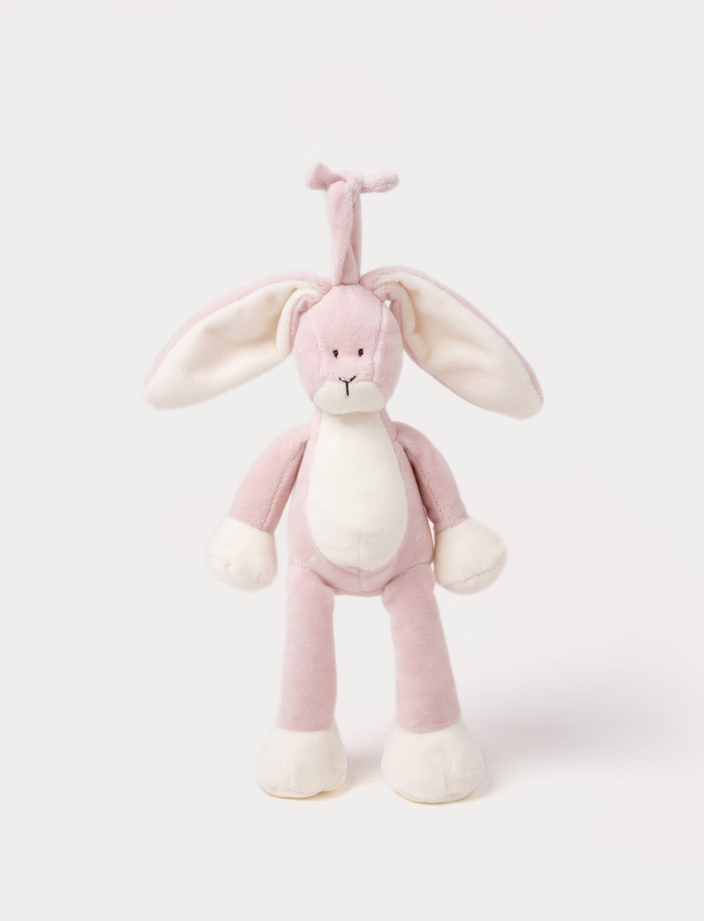 A plush dusty pink bunny music box with long floppy ears, a white belly, and a hanging loop