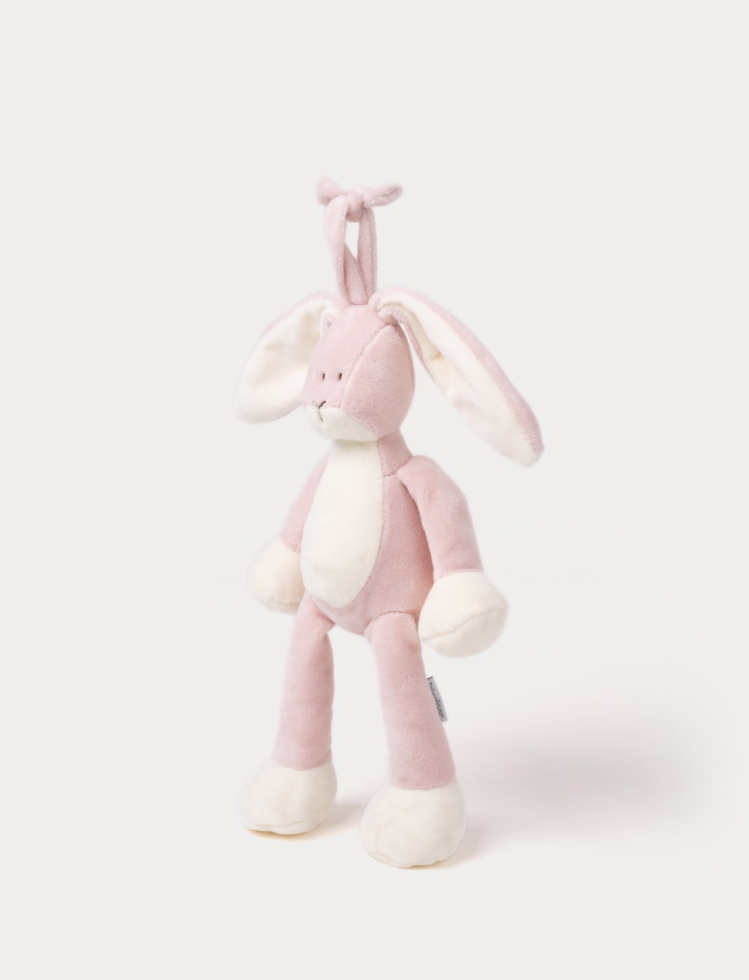  Image of A plush dusty pink bunny music box with long floppy ears, a white belly, and a hanging loop