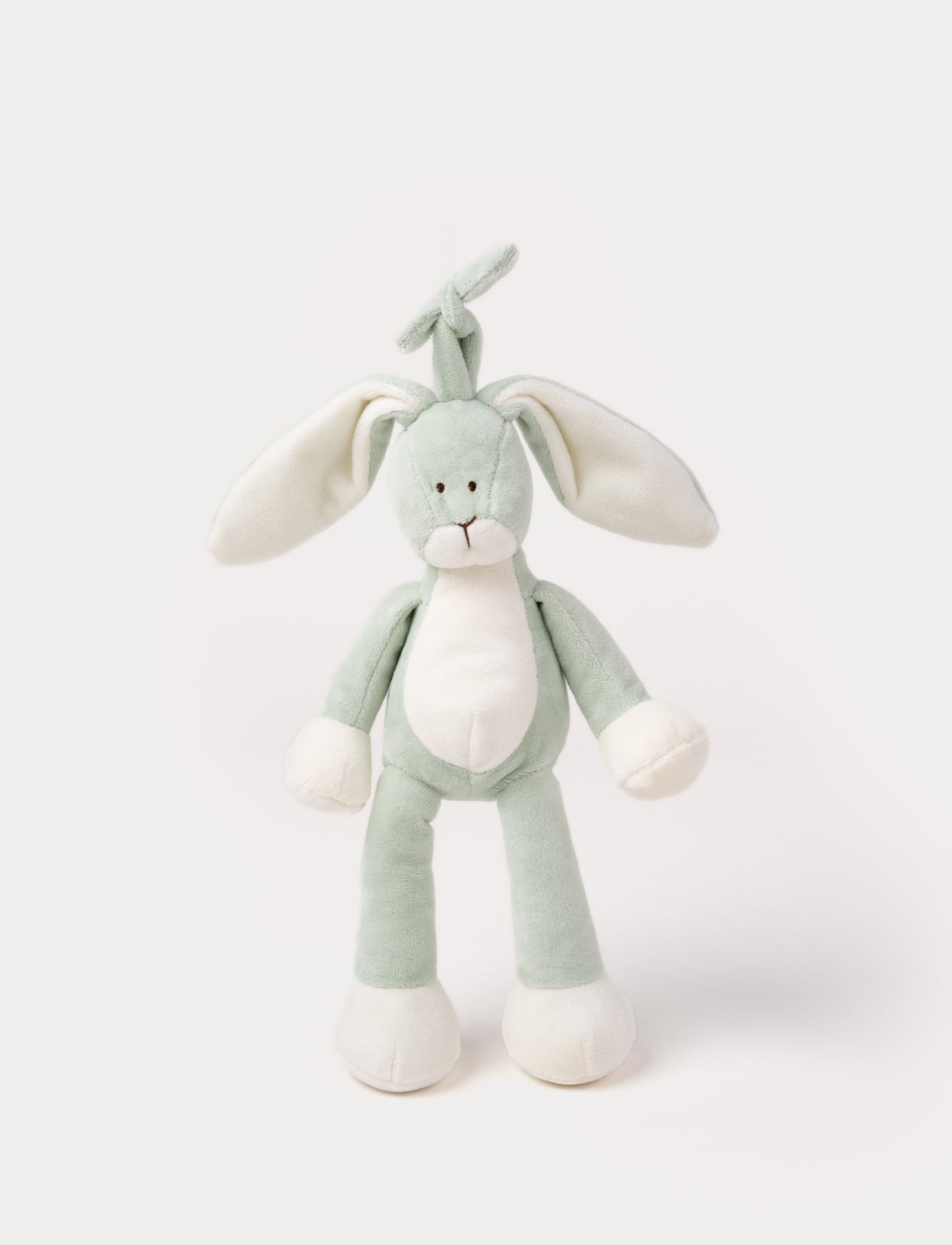  Image of A plush sage green bunny music box with long floppy ears, a white belly, and a hanging loop.