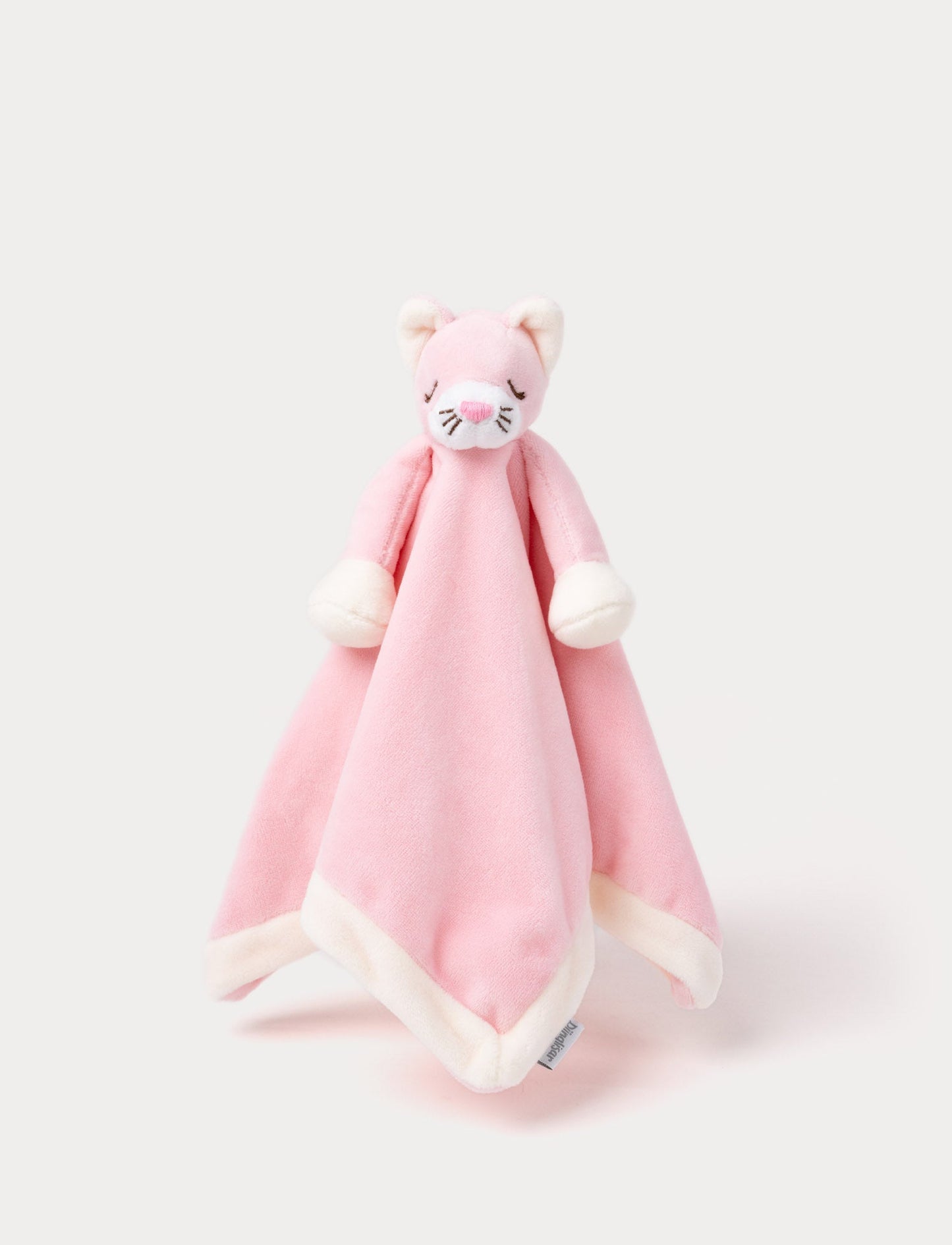 Soft baby blanket with a plush pink cat head, closed eyes, and white-trimmed edges.