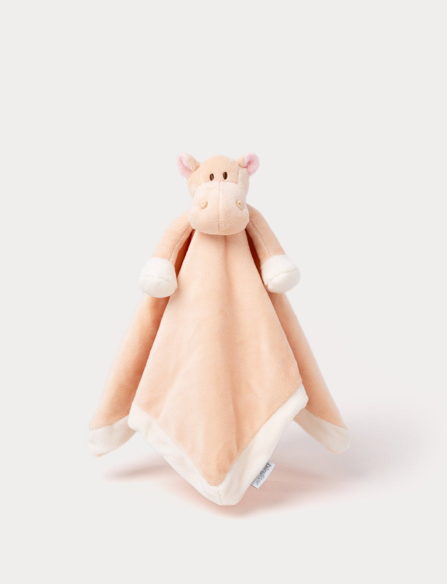 Soft baby blanket with a plush beige hippo head, small pink ears, and white-trimmed edges.