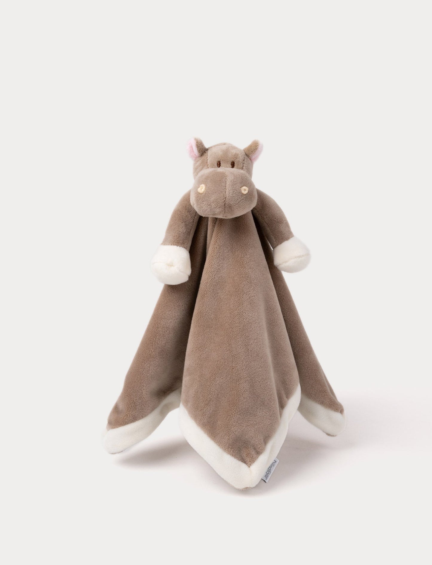 Soft baby blanket with a plush brown hippo head, small pink ears, and white-trimmed edges.