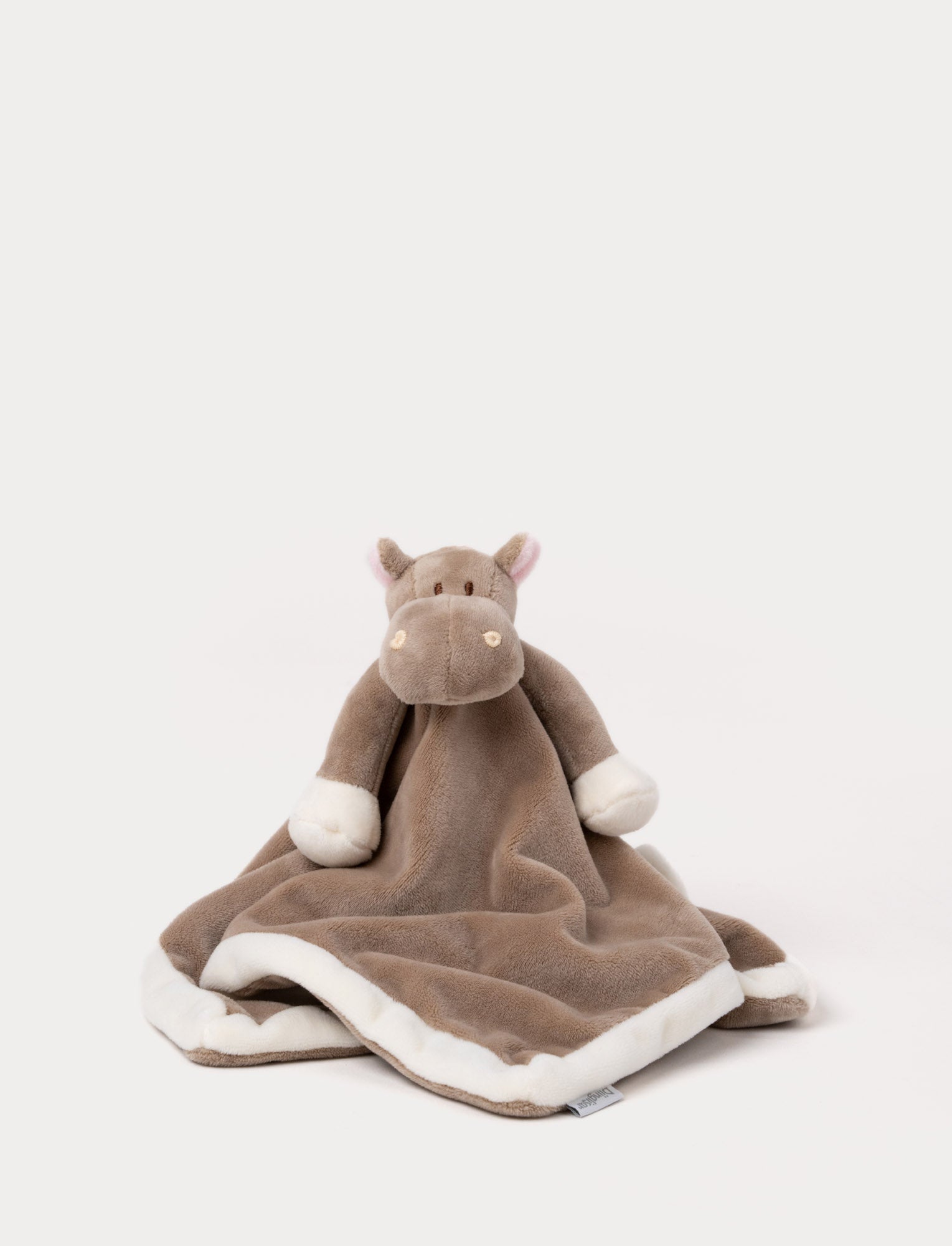  Image of Soft baby blanket with a plush brown hippo head, small pink ears, and white-trimmed edges.