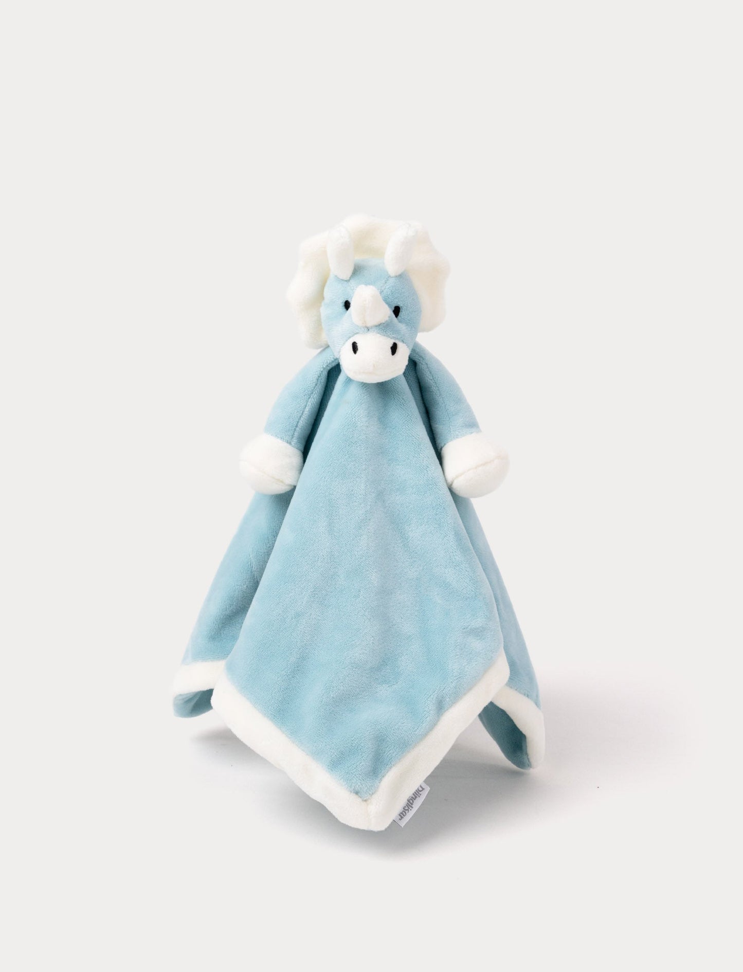 Soft baby blanket with a plush blue dino head, white horns, and white-trimmed edges.
