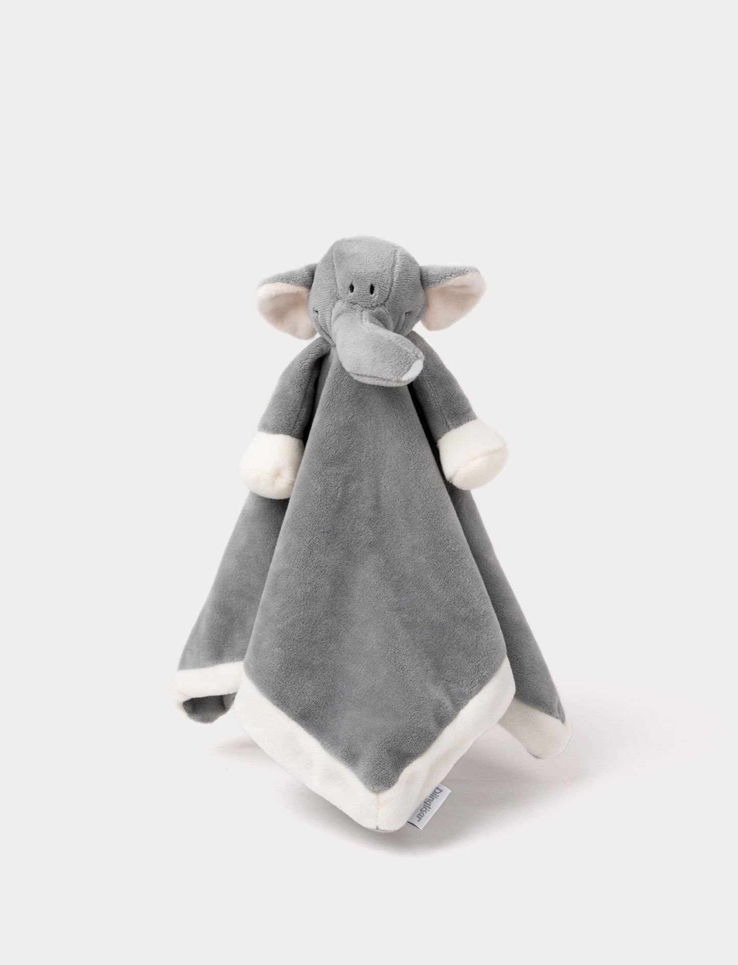 Soft baby blanket with a plush gray elephant head, large ears, a trunk, and white-trimmed edges.