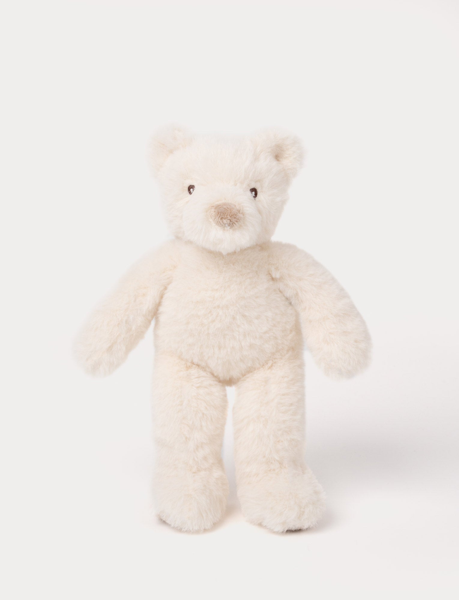  Image of A small teddy bear with white fur, silky plush, and embroidered eyes.