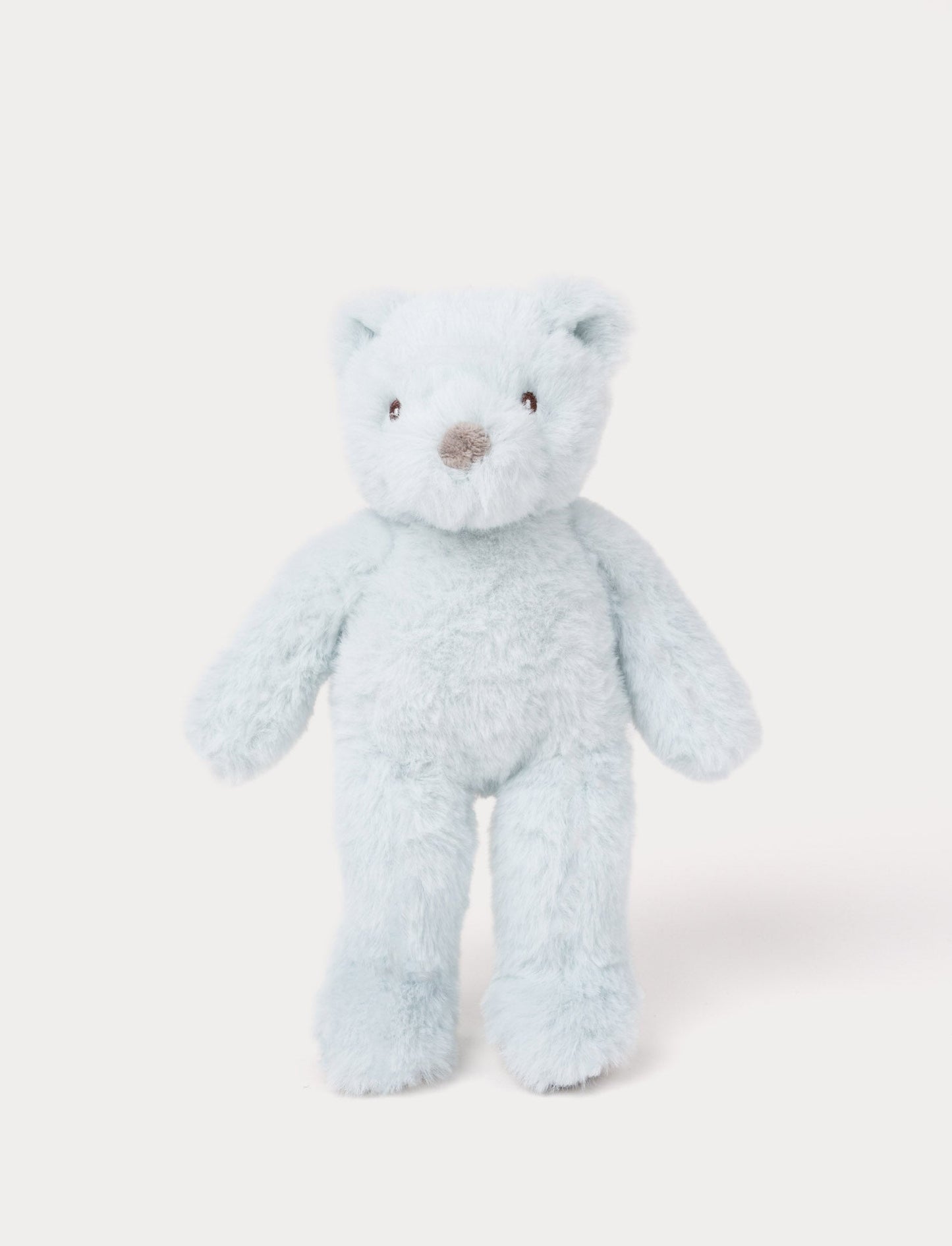 A small teddy bear with light blue fur, silky plush, and embroidered eyes.