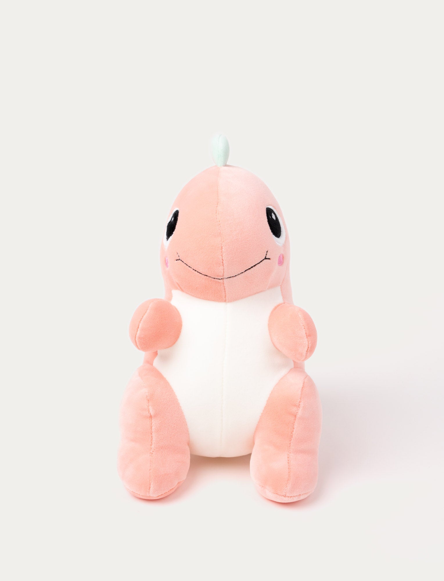  Image of A pink dinosaur with soft, squishy filling, smooth spandex fabric, embroidered details.