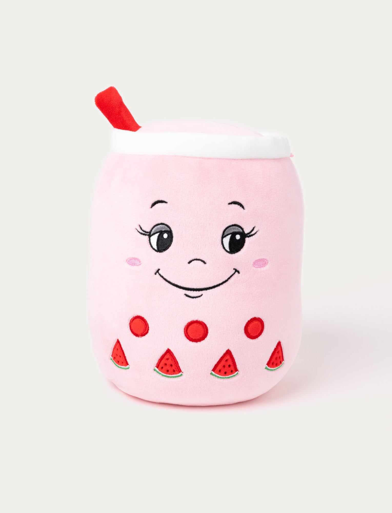  Image of Pink plush bubble tea cup with a smiling face, red straw, and embroidered watermelon details.