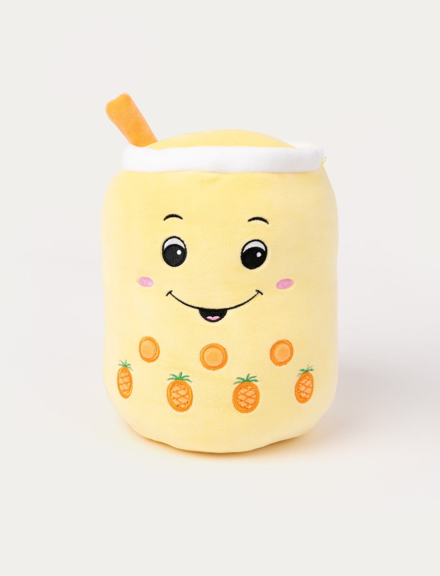  Image of Cute yellow plush in the shape of a pineapple bubble tea with a smiling face and straw.