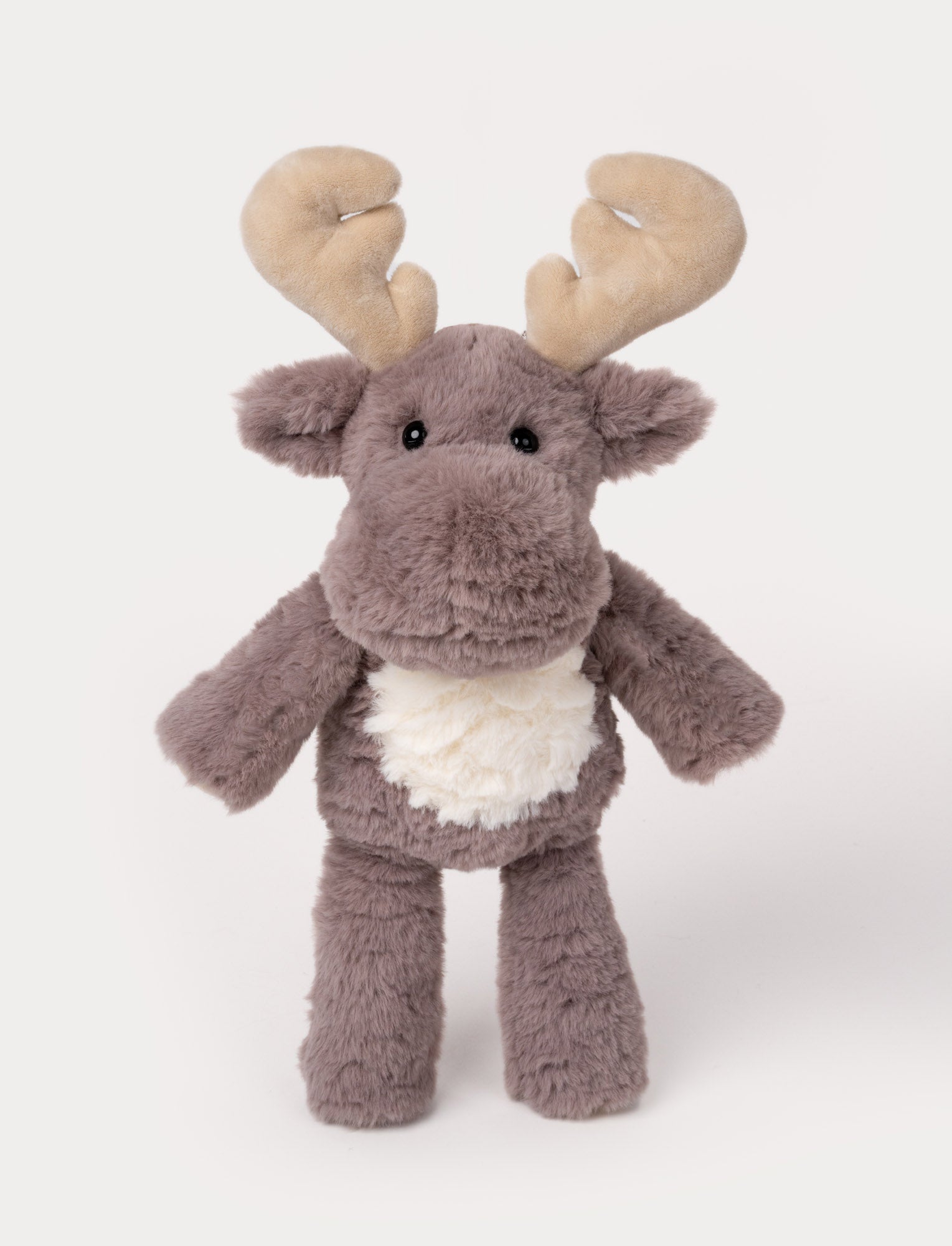  Image of Soft brown moose plush with beige antlers, a white belly, and shiny black eyes.