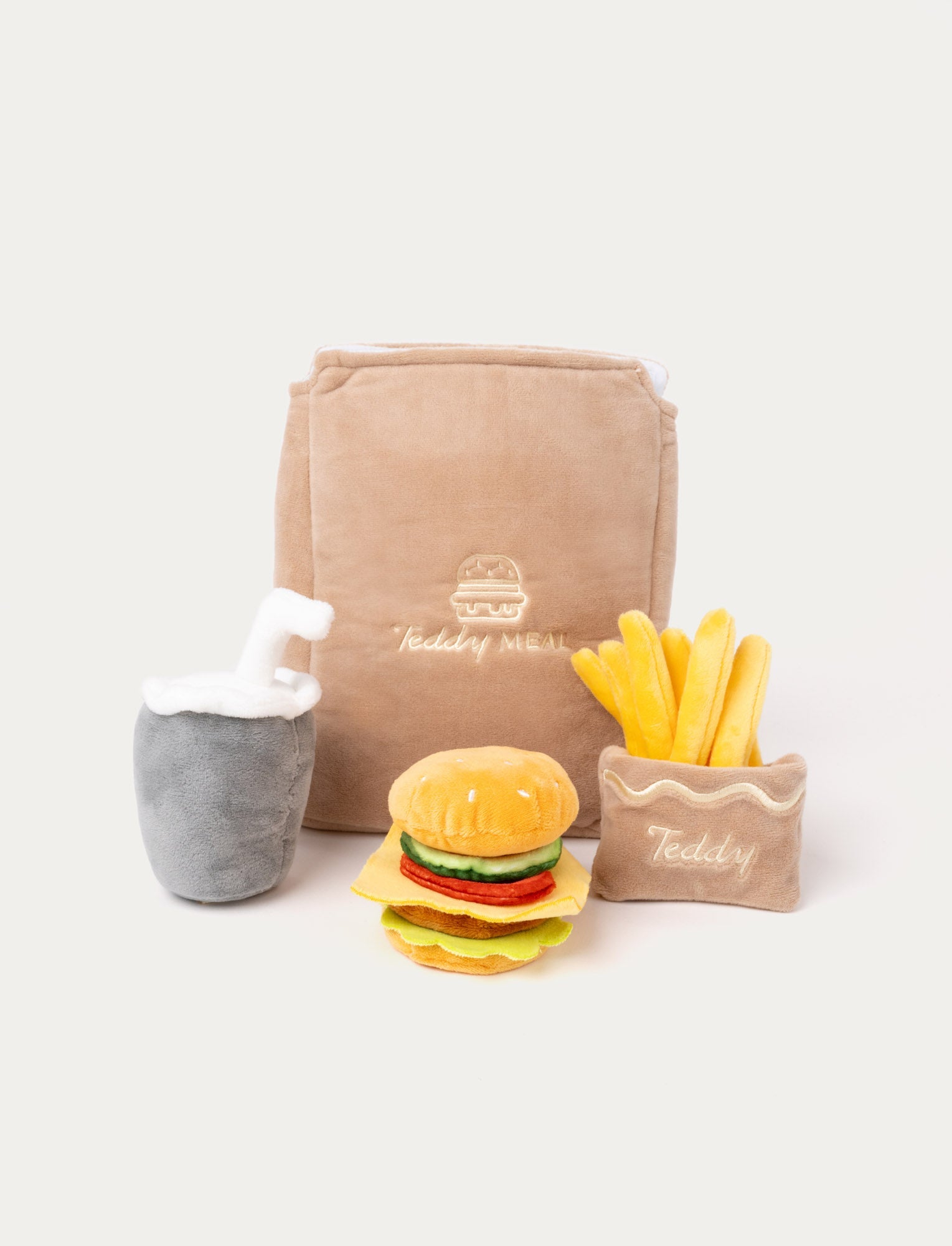  Image of Soft plush fast food set including a burger, fries, a drink, and a brown "Teddy Meal" bag.
