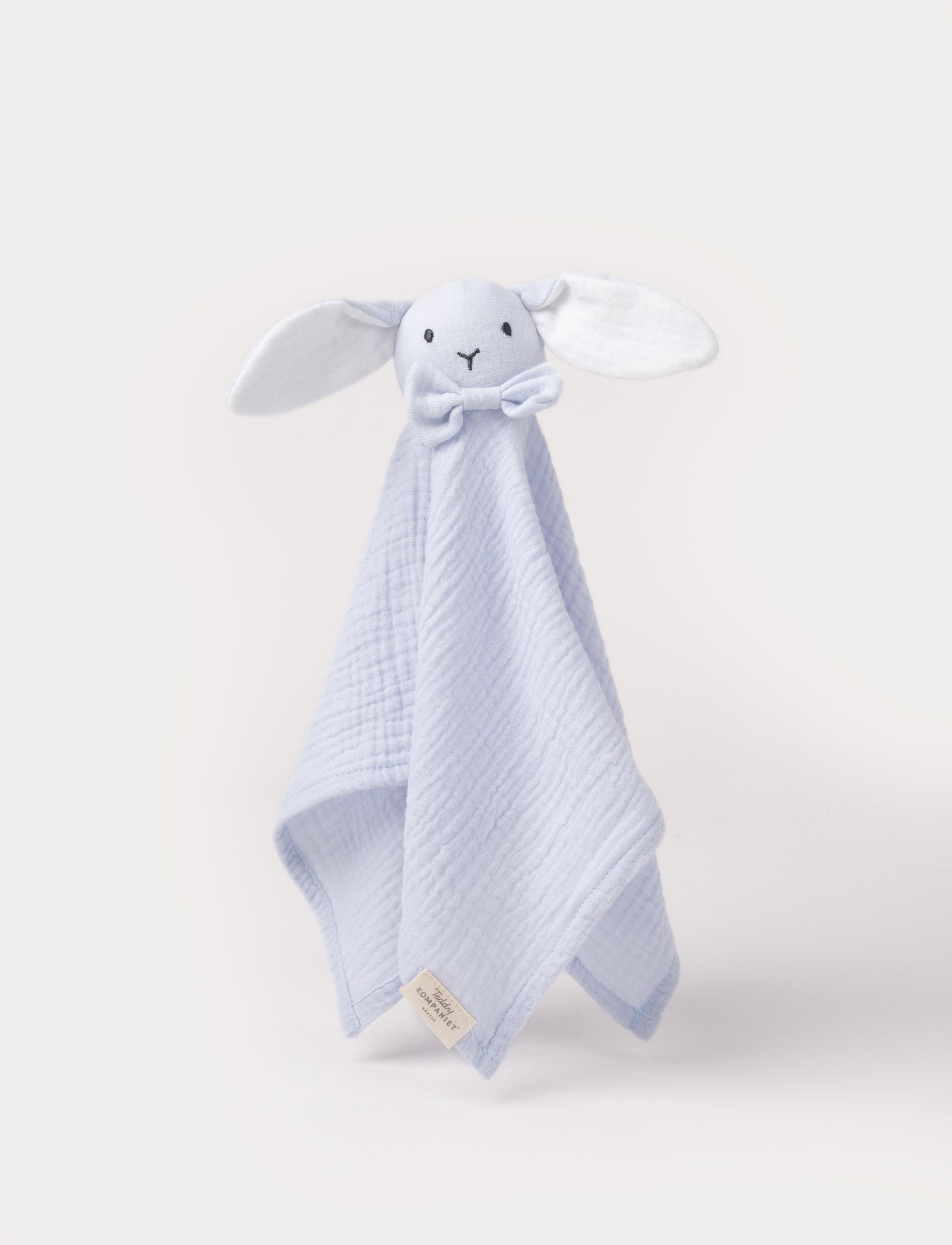  Image of Soft baby blanket with a plush light blue, levander bunny head, long floppy ears, and a small bow.